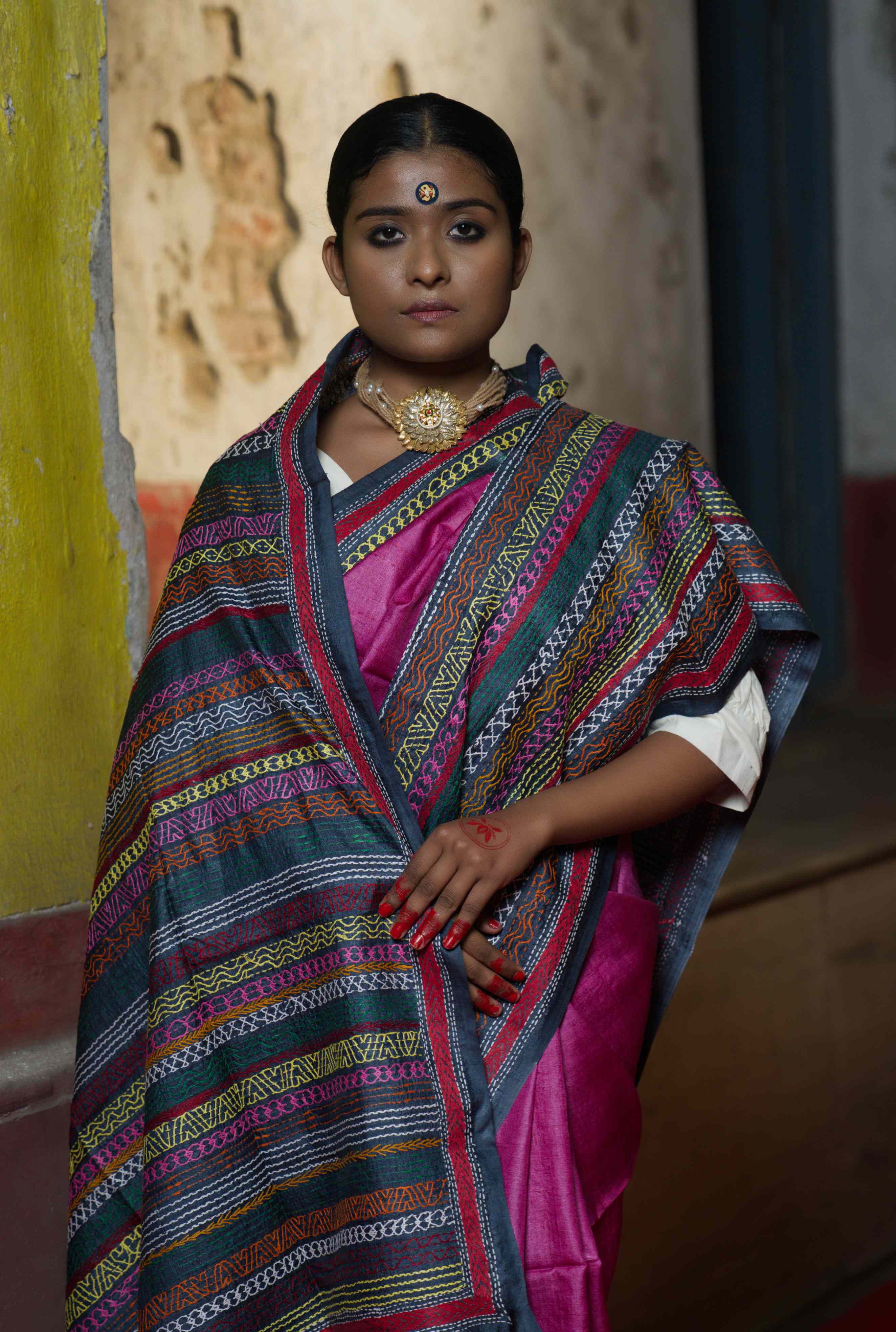 Handwoven Pink Tussar Saree With Kantha Work