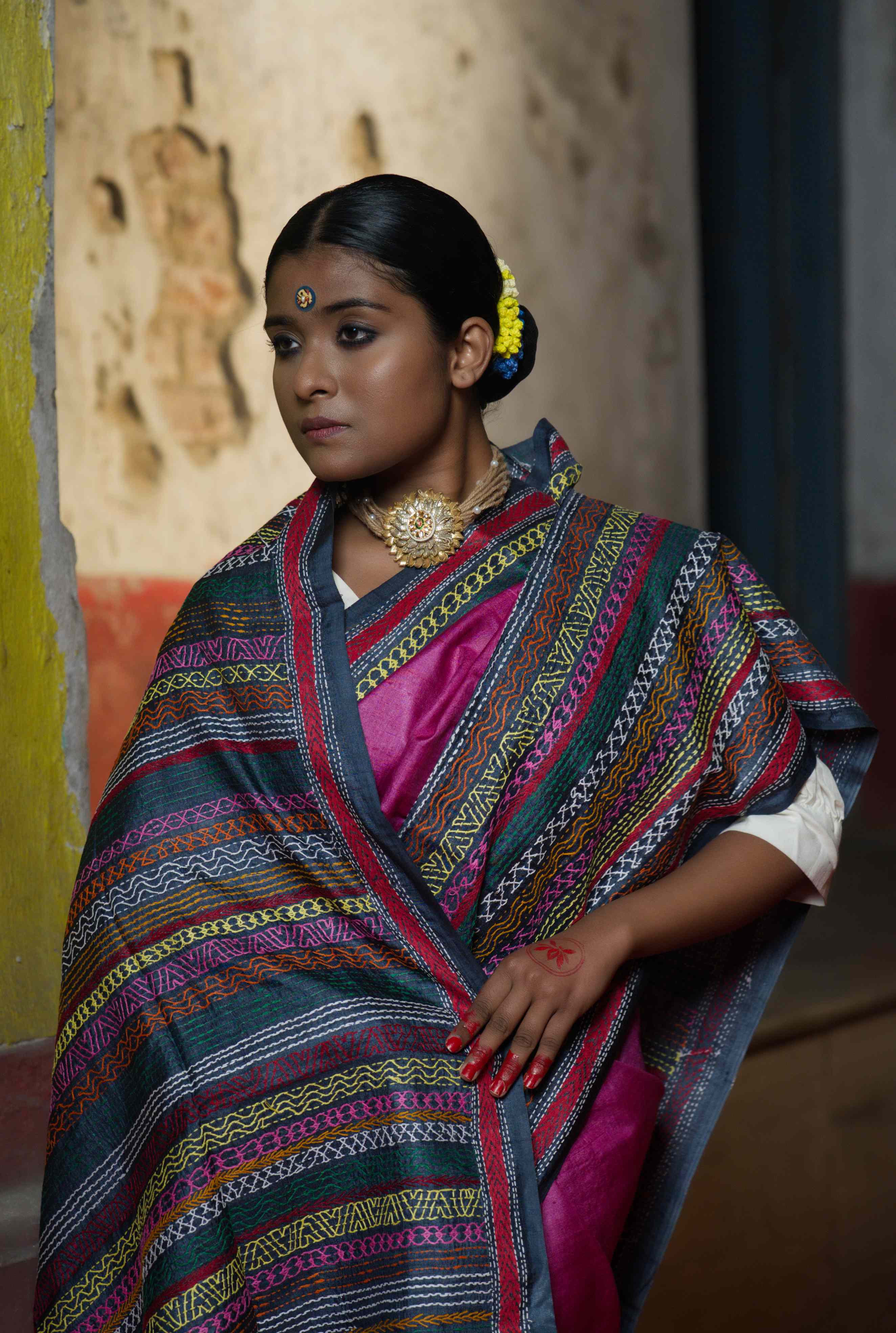 Handwoven Pink Tussar Saree With Kantha Work