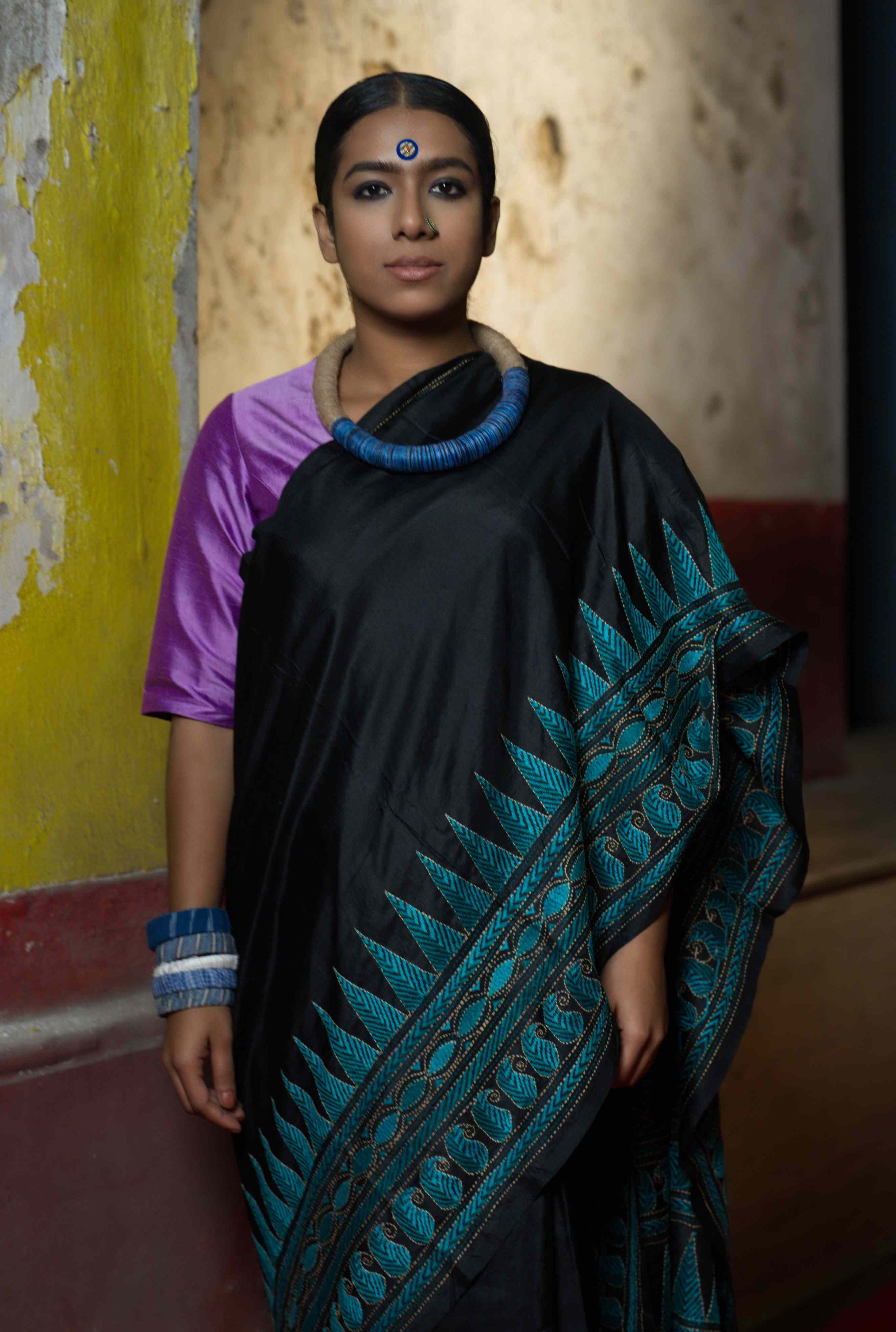 Handwoven Black Pure Silk Saree With Elegent  Kantha Work