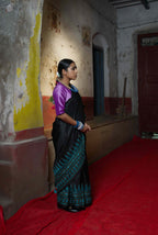 Handwoven Black Pure Silk Saree With Elegent  Kantha Work