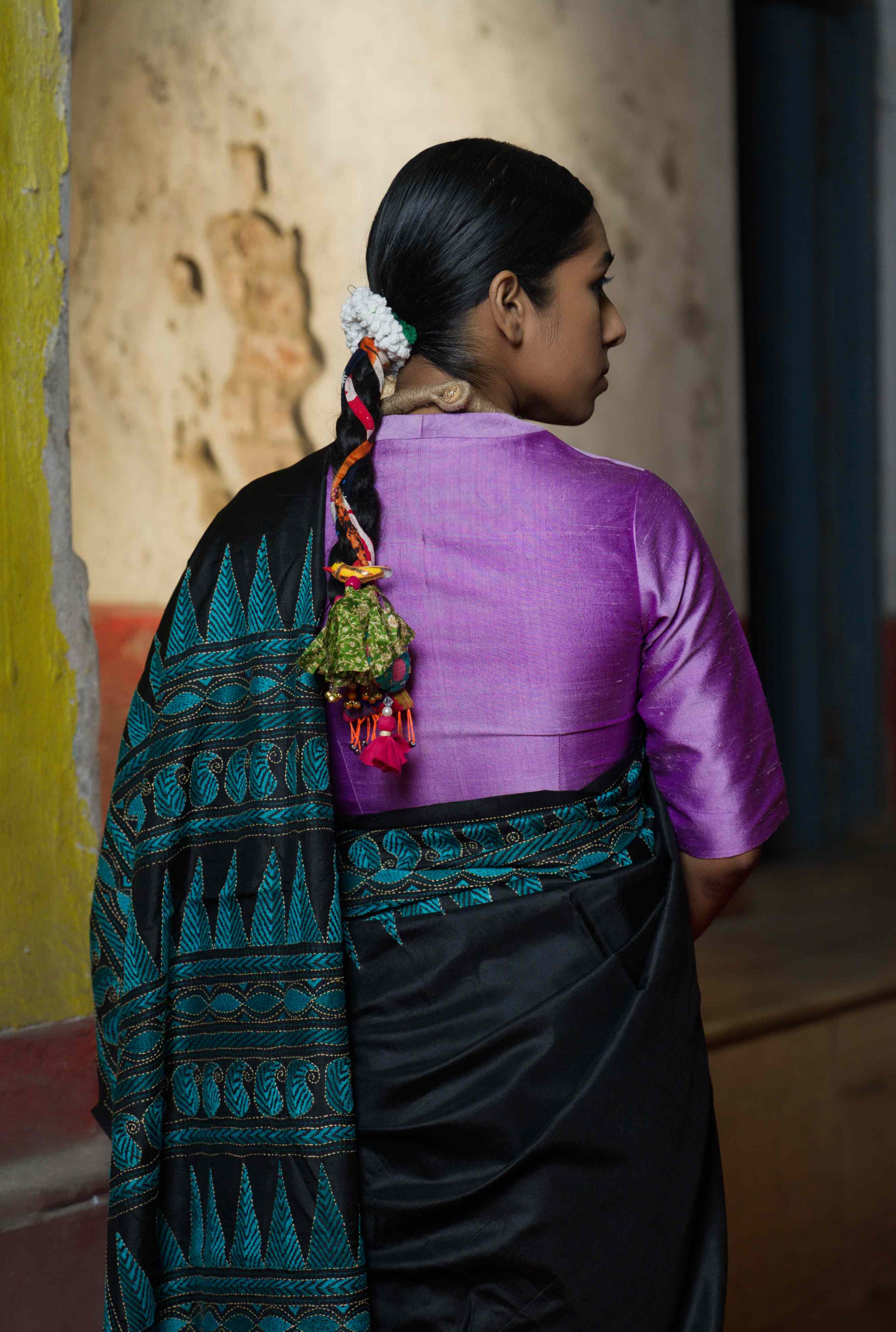 Handwoven Black Pure Silk Saree With Elegent  Kantha Work
