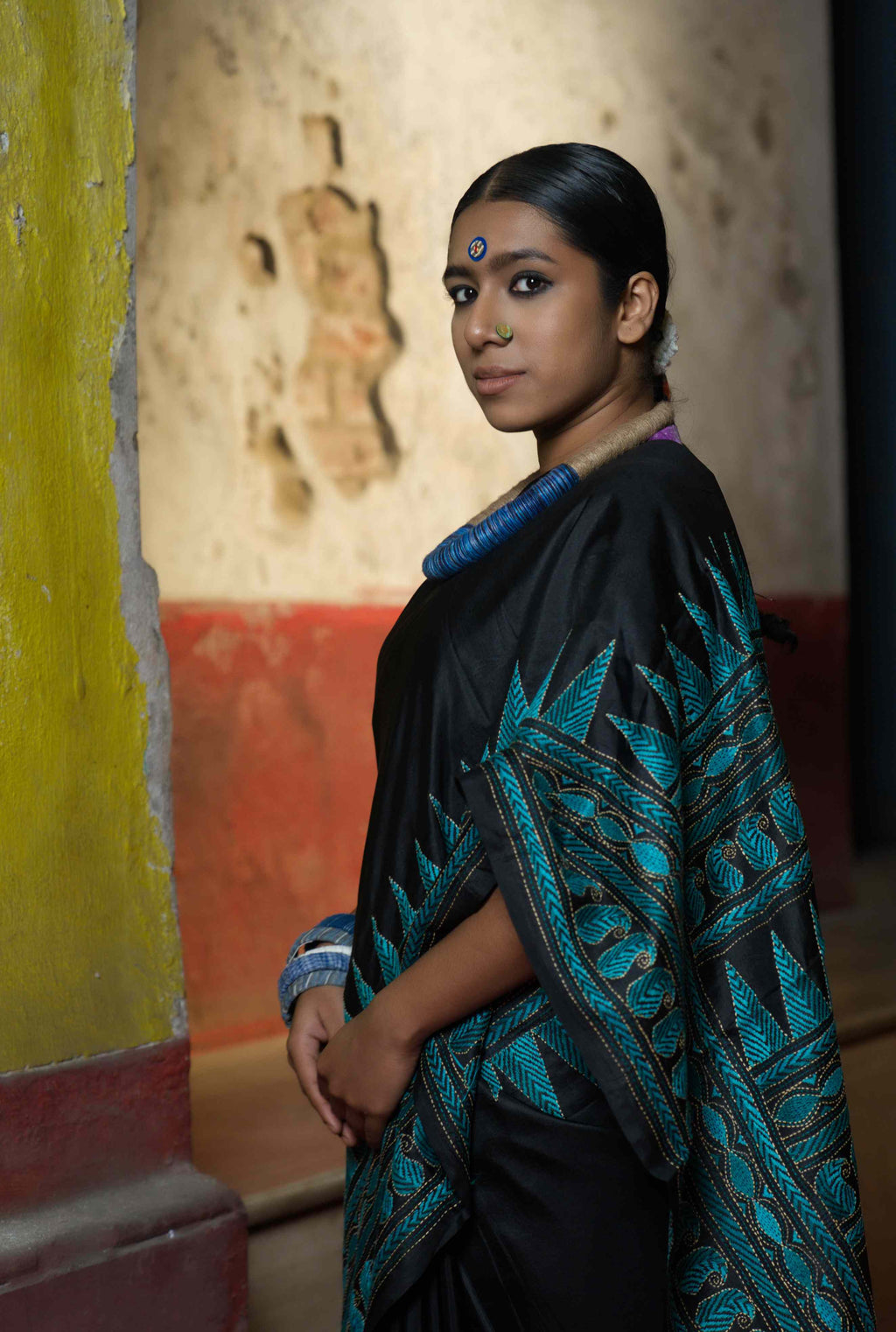 Black pure silk saree with Kantha work — handwoven