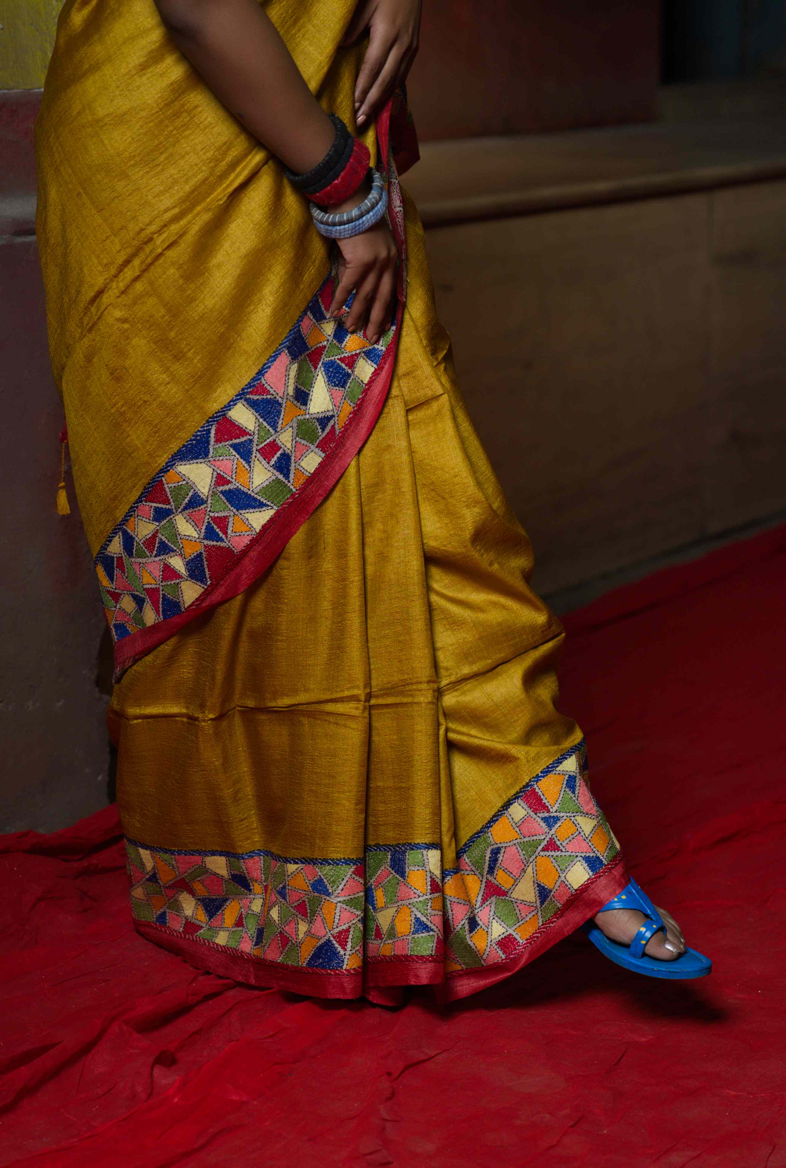 Handwoven Yellow Tussar Saree With Multicolor Kantha Work
