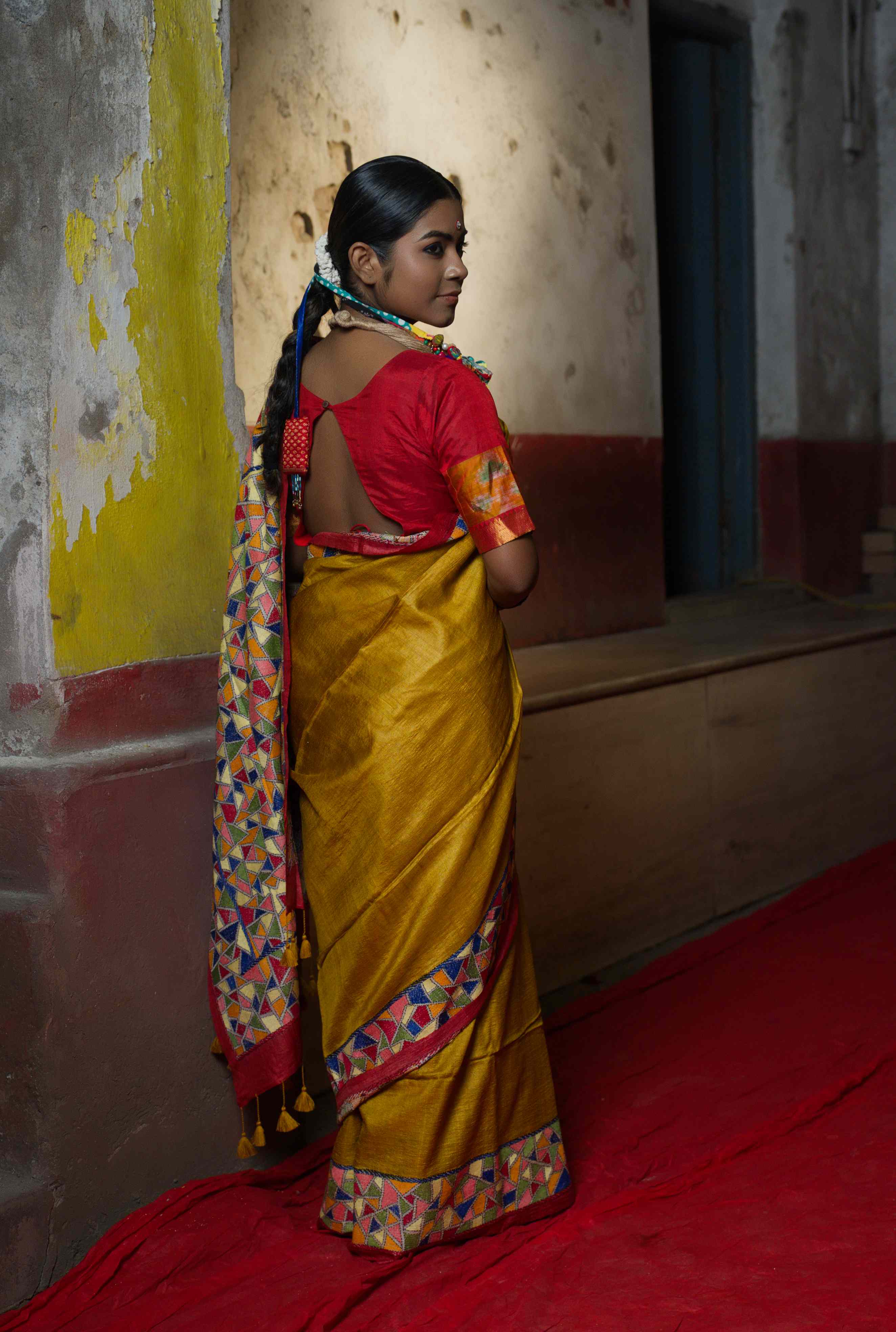 Handwoven Yellow Tussar Saree With Multicolor Kantha Work