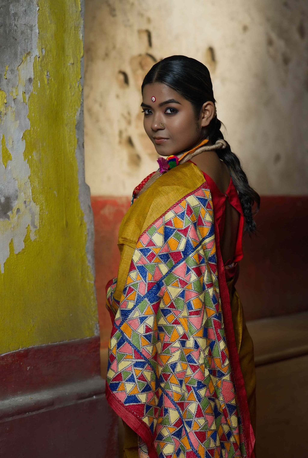 Handwoven Yellow Tussar Saree With Multicolor Kantha Work