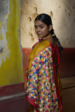 Handwoven Yellow Tussar saree with kantha work