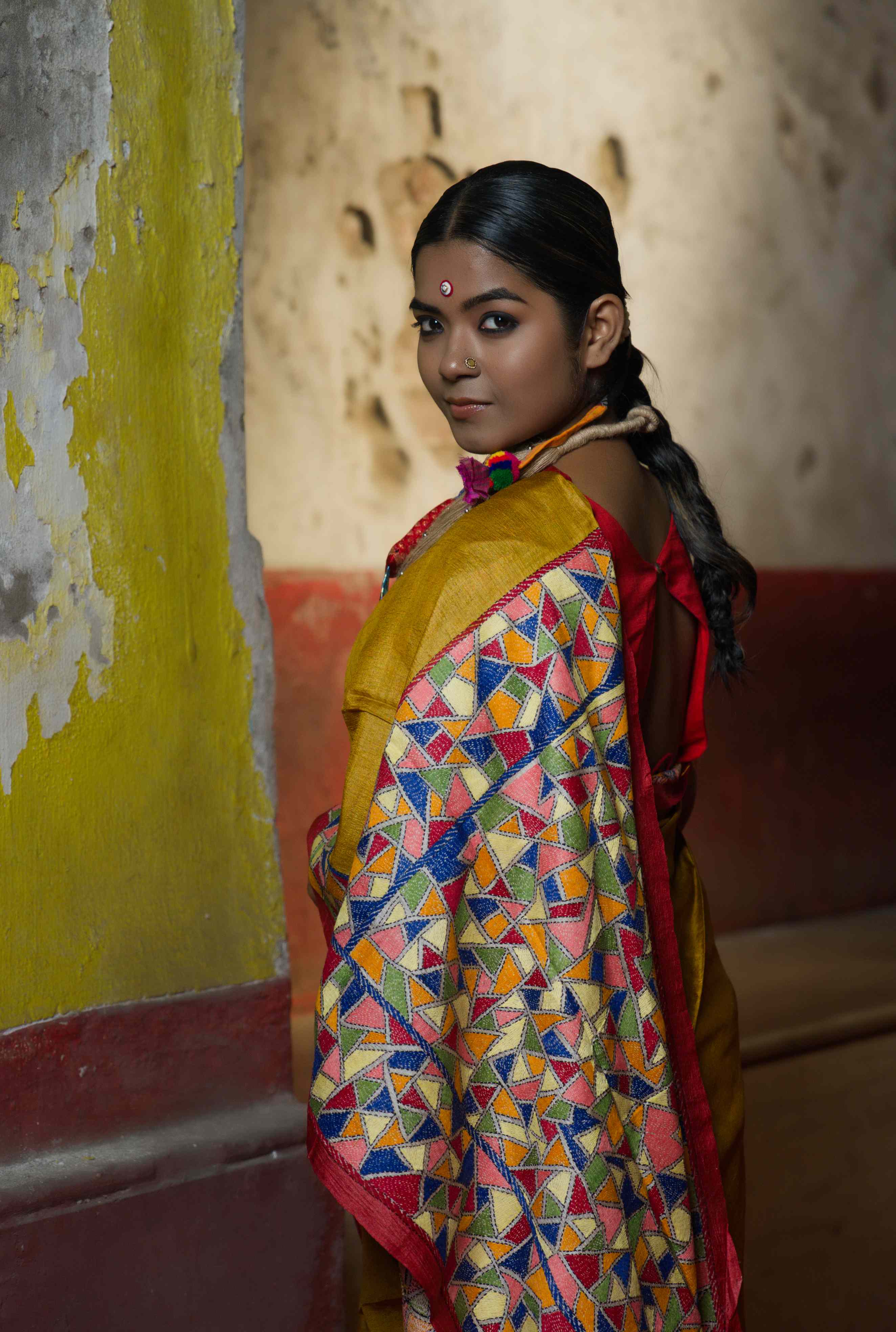 Handwoven Yellow Tussar Saree With Multicolor Kantha Work