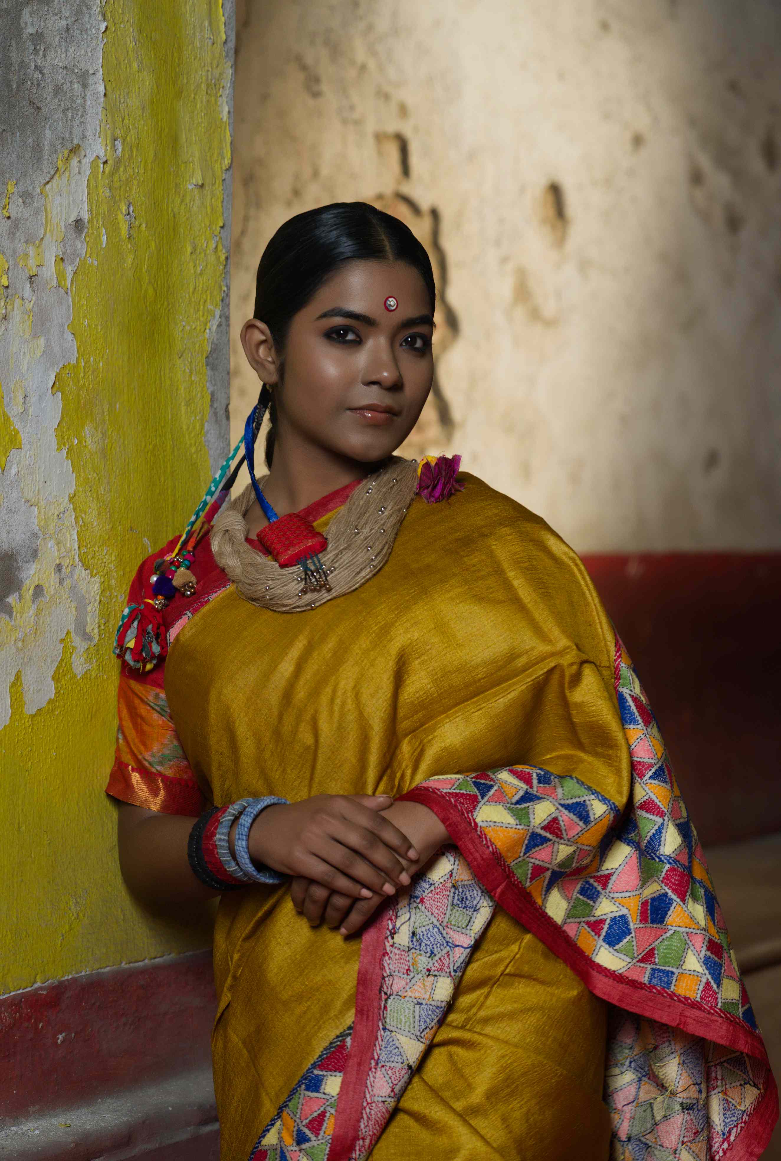 Handwoven Yellow Tussar saree with kantha work