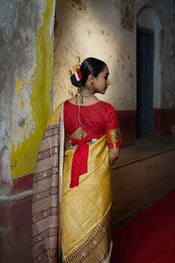 Handwoven Yellow Tussar Saree with kantha work