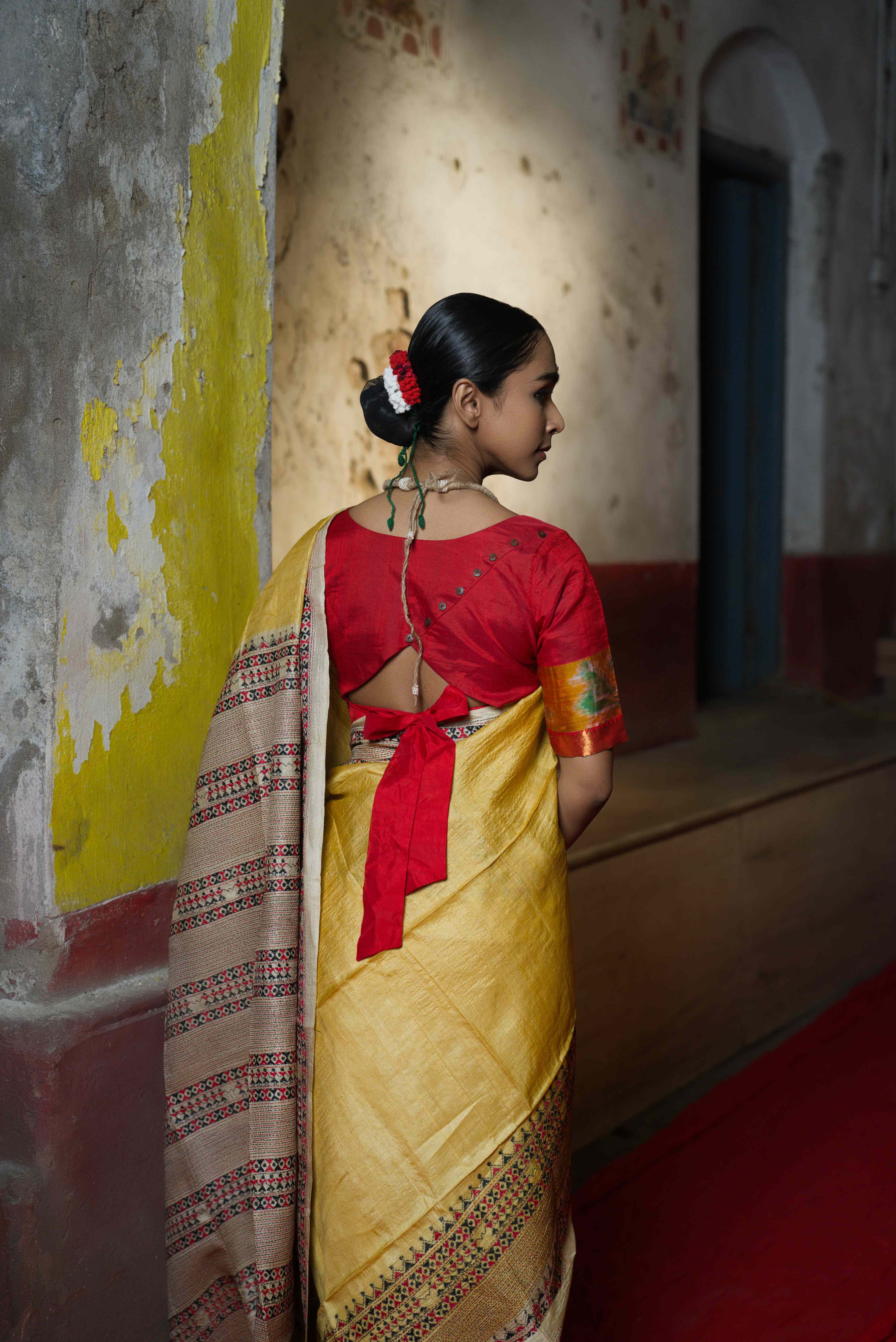 Handwoven Yellow Tussar Saree With Kantha Work