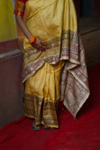 Handwoven Yellow Tussar Saree With Kantha Work