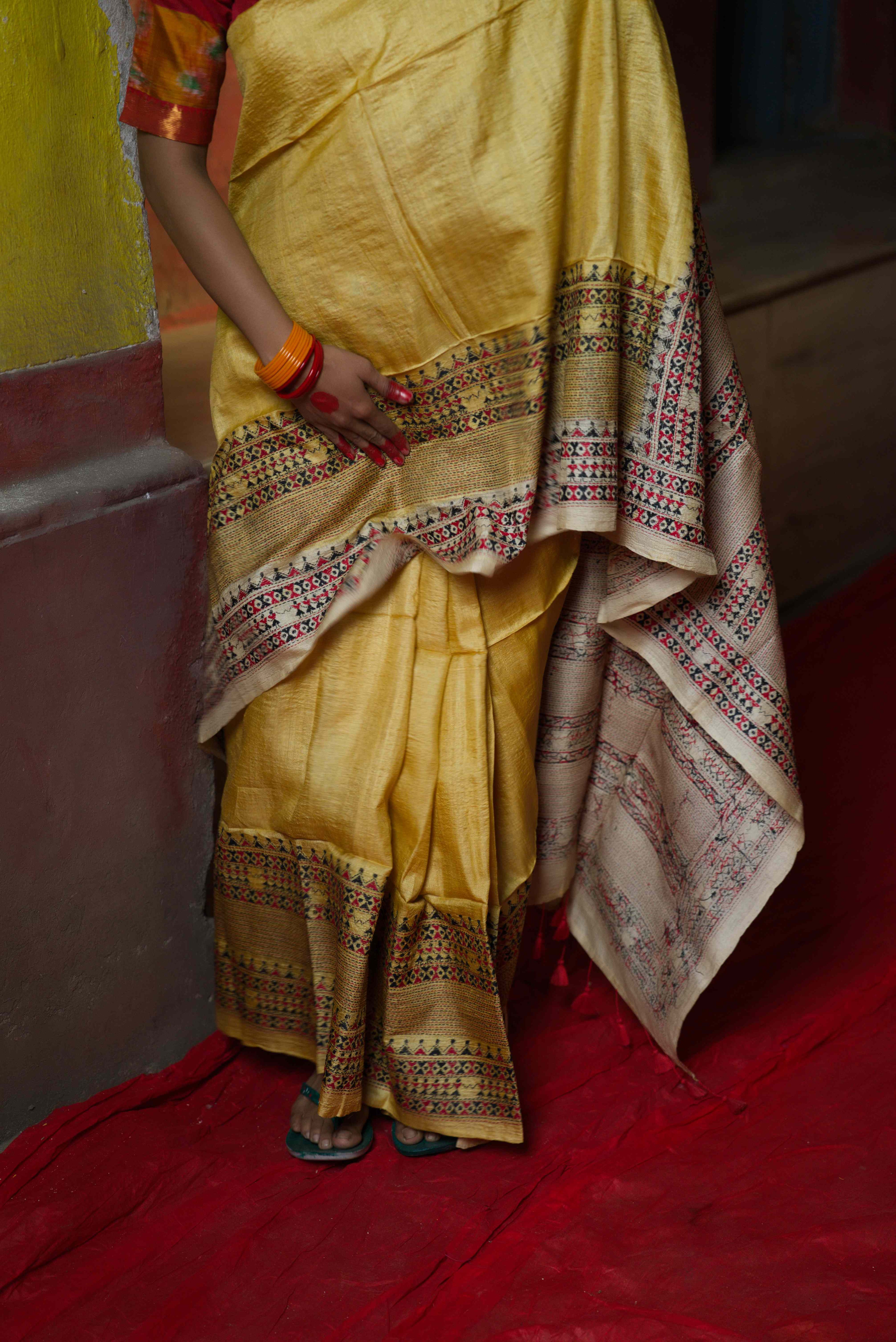 Handwoven Yellow Tussar Saree With Kantha Work