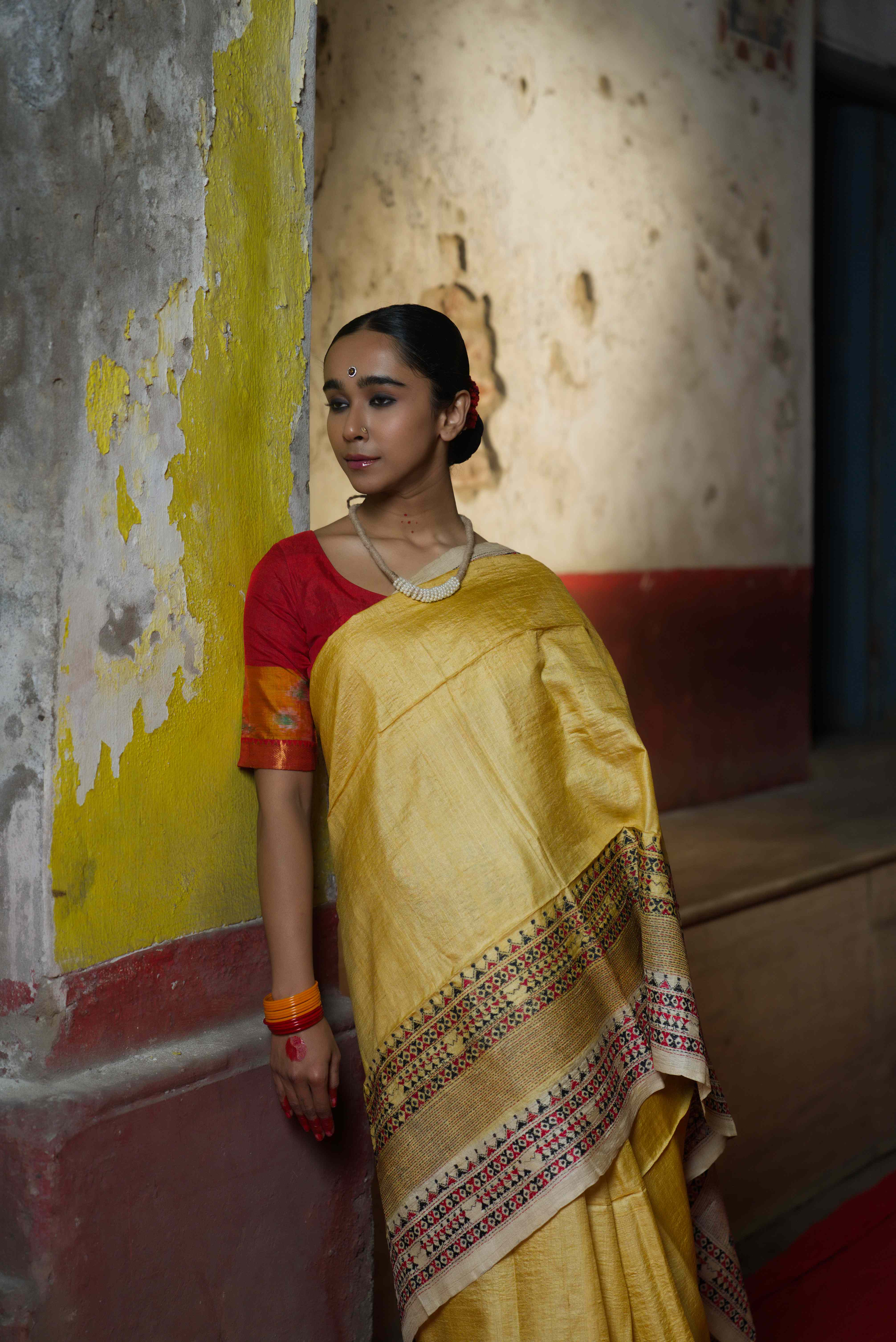 Handwoven Yellow Tussar Saree with kantha work