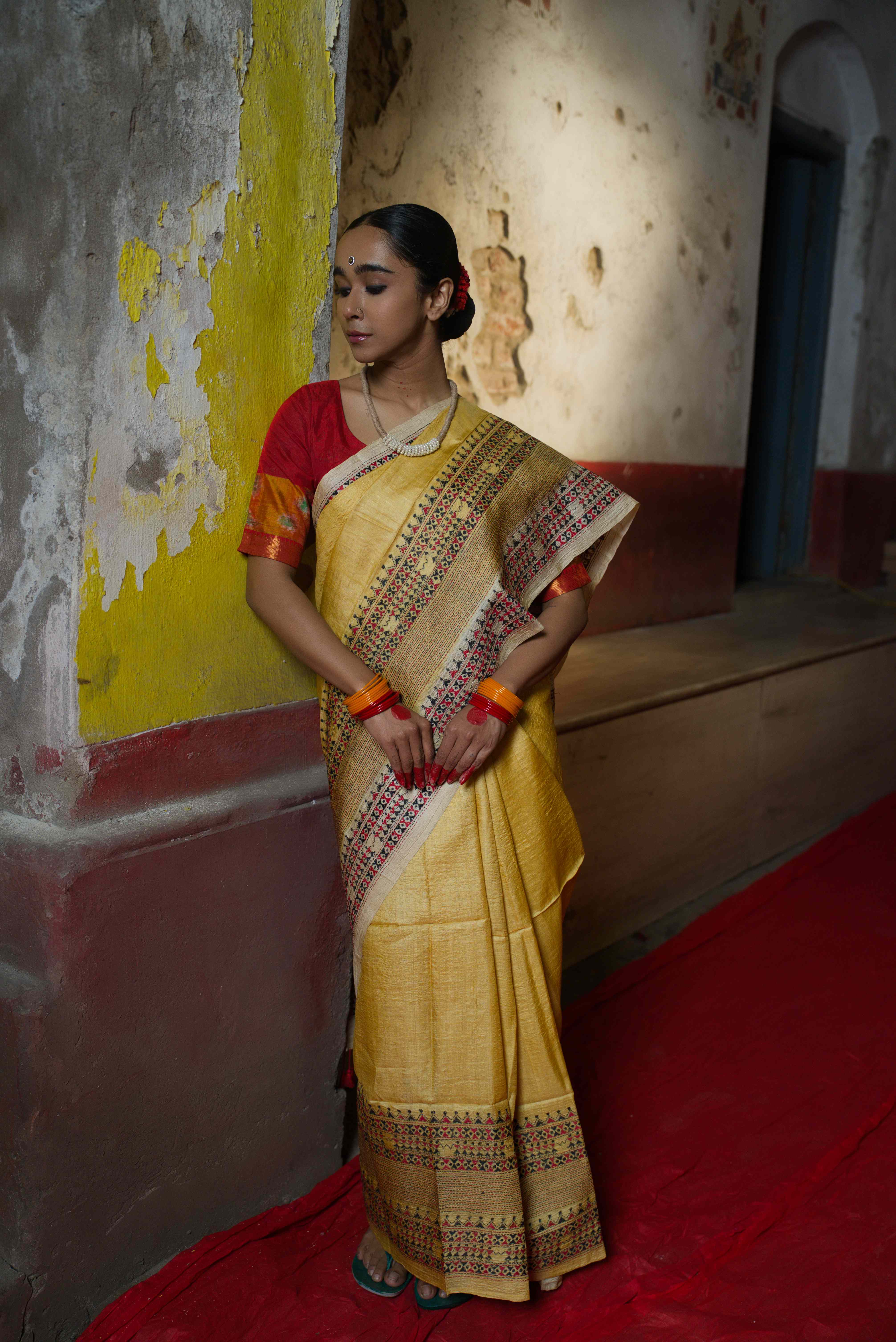 Handwoven Yellow Tussar Saree with kantha work