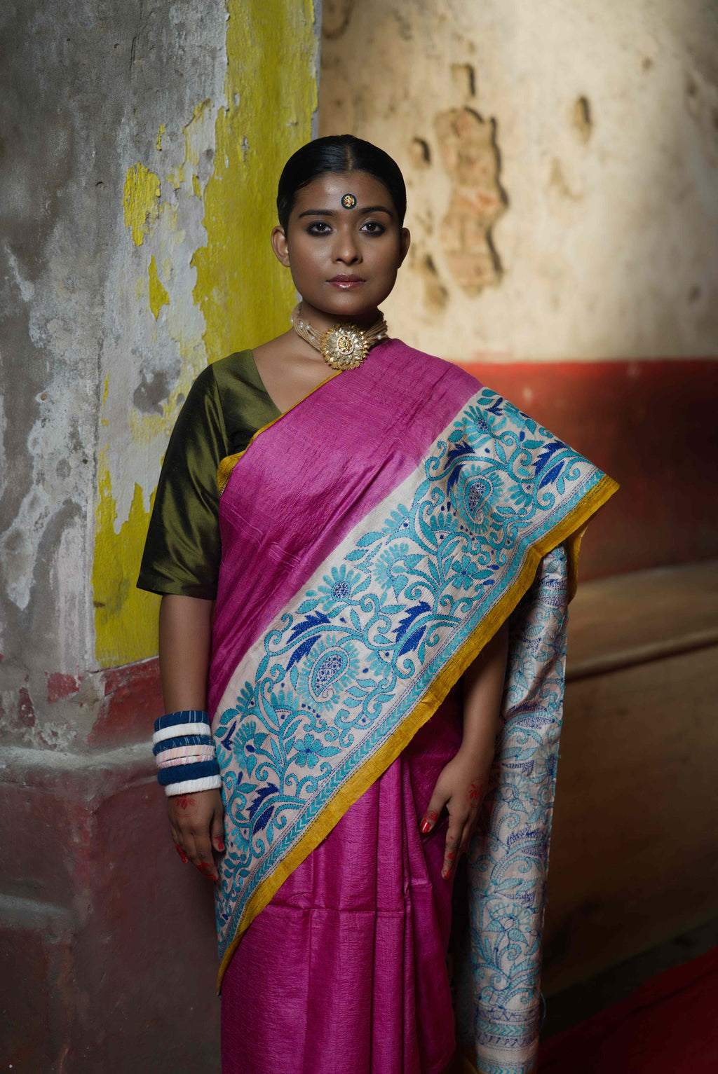 Handwoven Fuchsia Pink Tussar Saree With Kantha Work