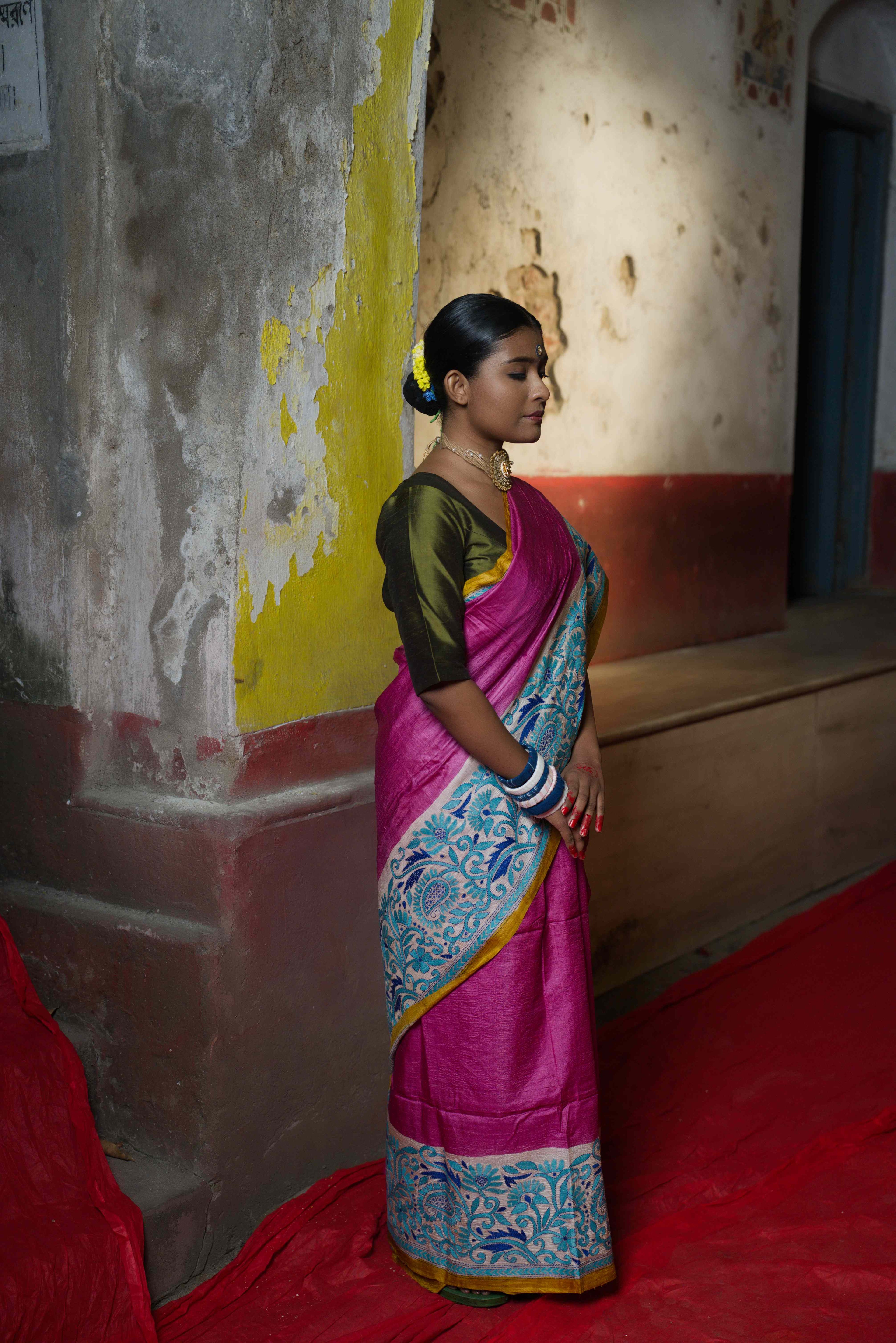 Handwoven Fuchsia Pink Tussar Saree With Kantha Work