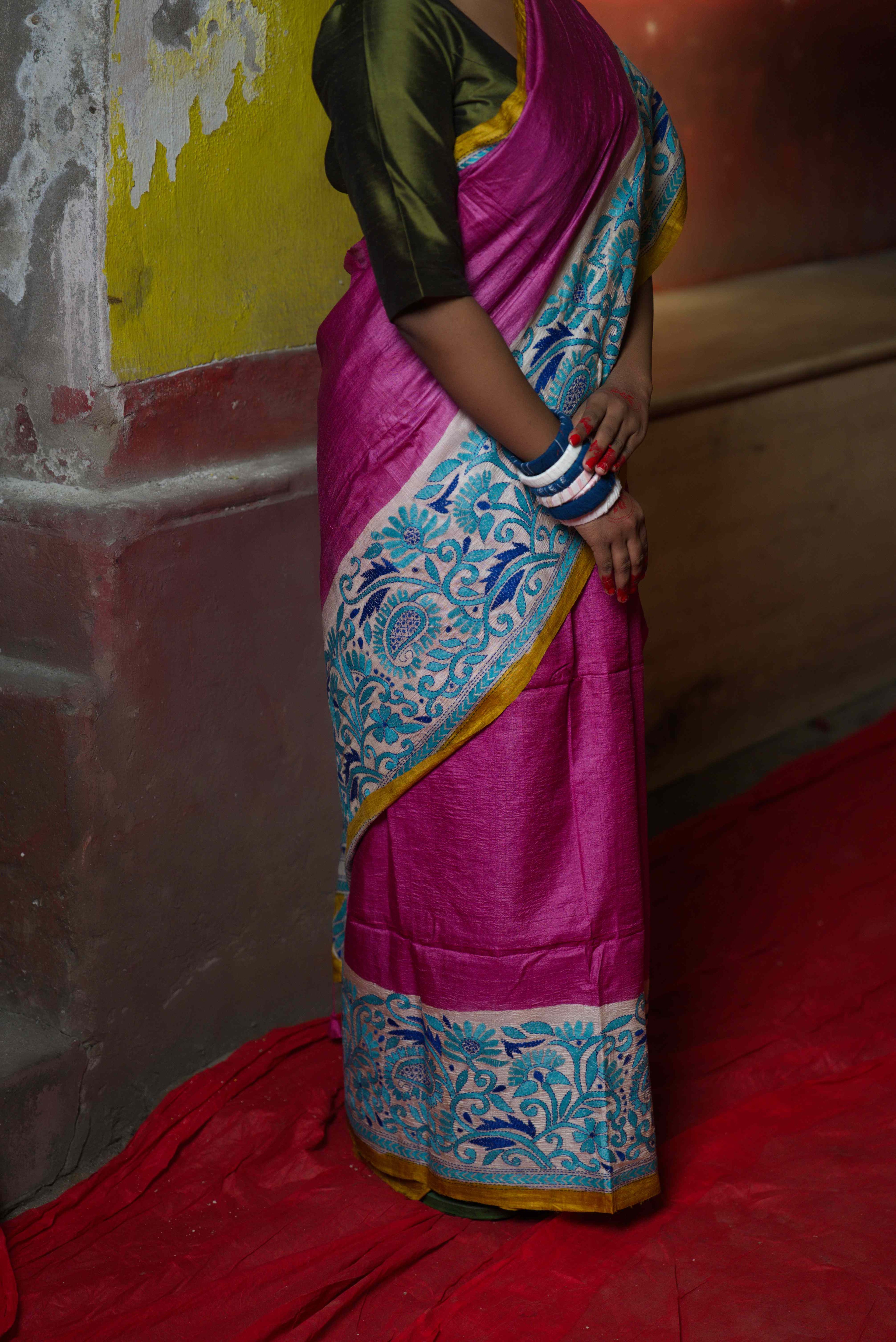 Handwoven Fuchsia Pink Tussar Saree With Kantha Work