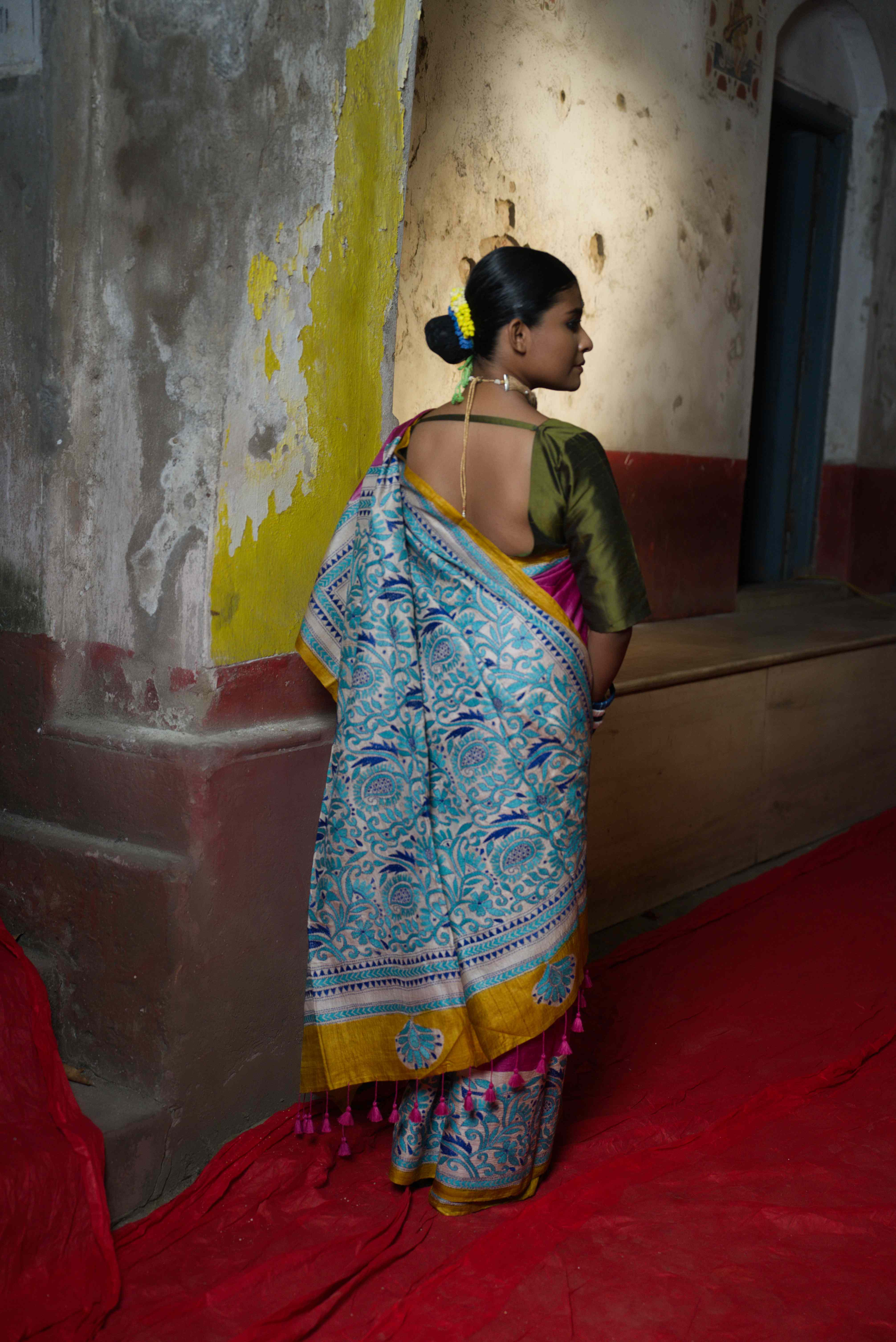 Handwoven pink Tussar Saree with Kantha Work