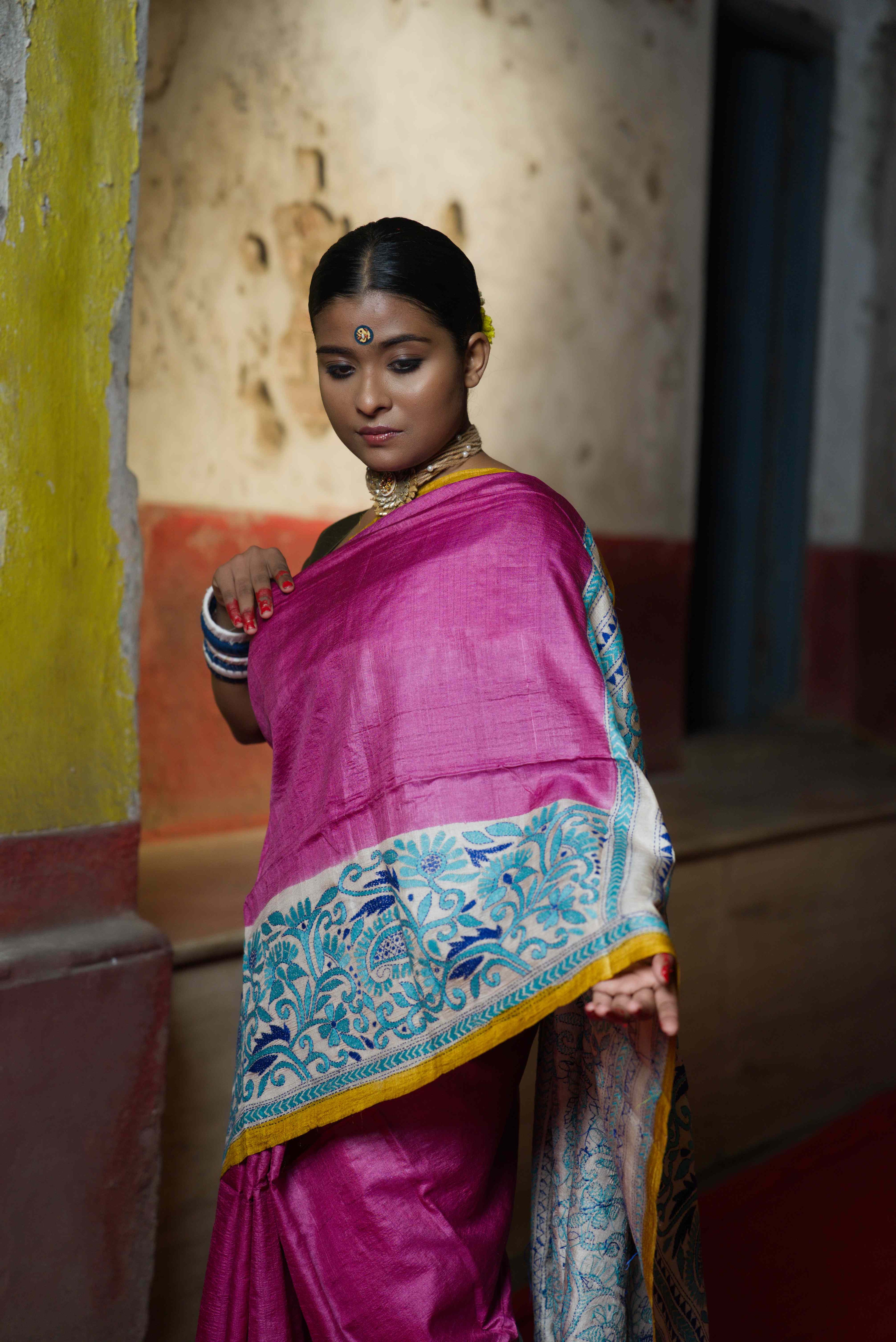 Handwoven Fuchsia Pink Tussar Saree With Kantha Work