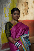 Handwoven fuchsia pink Tussar saree with Kantha work