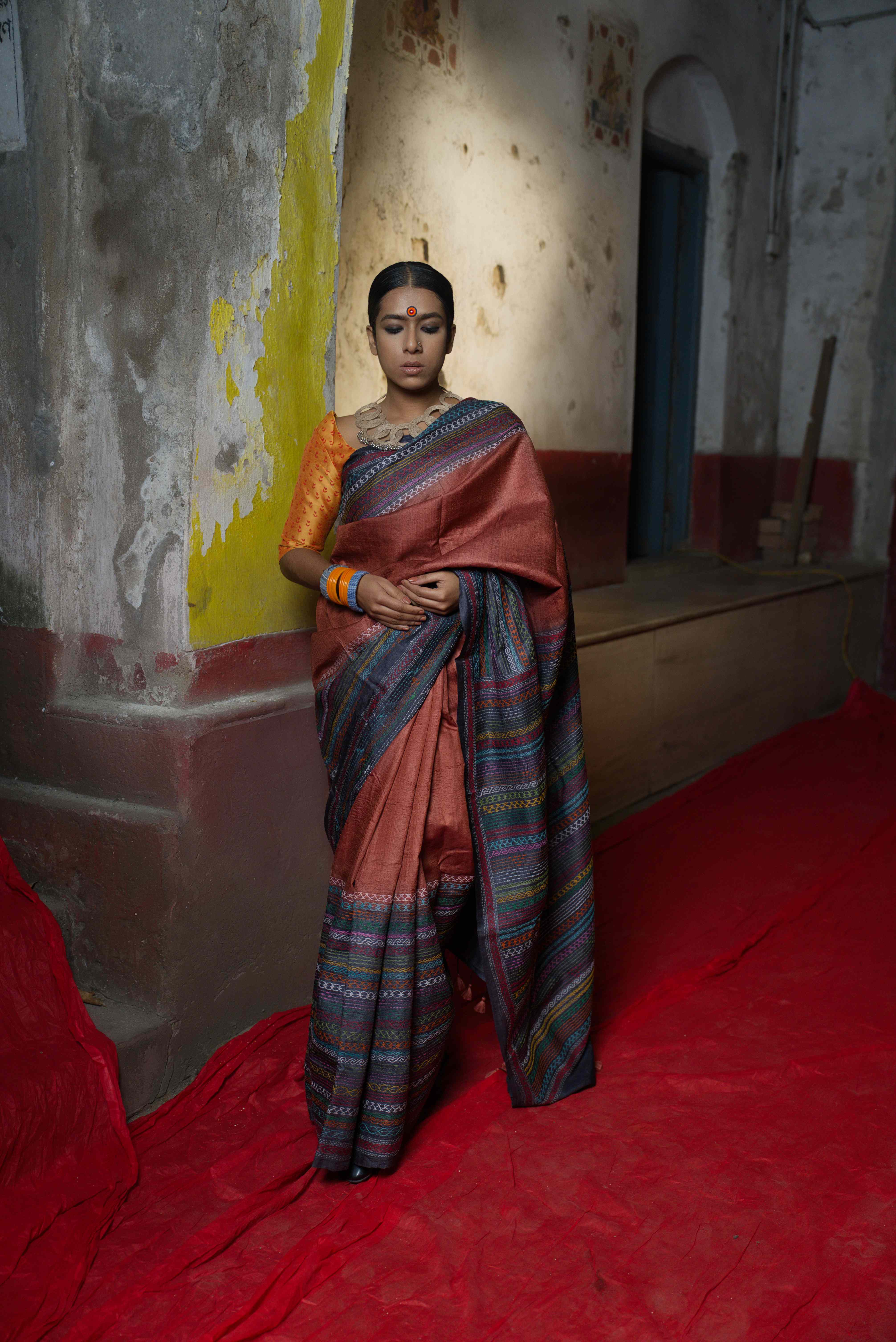 Handwoven copper brown Tussar saree with kantha Work