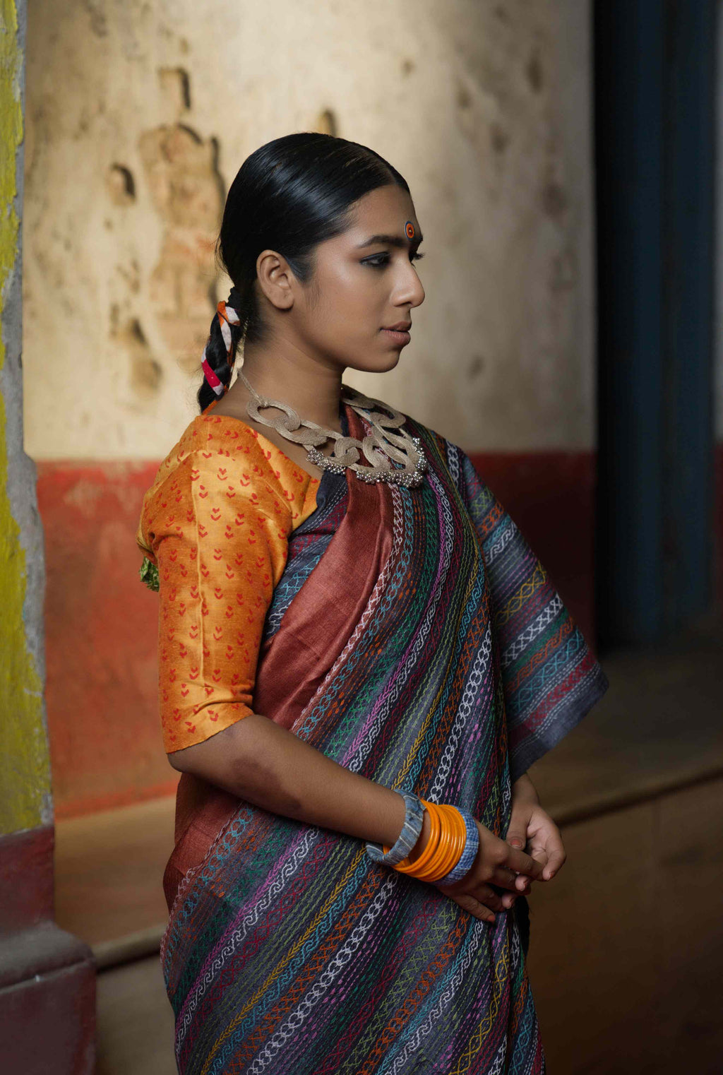 Handwoven Copper Brown Tussar Saree With Kantha Work