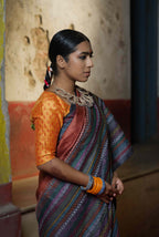 Handwoven Copper Brown Tussar Saree With Kantha Work