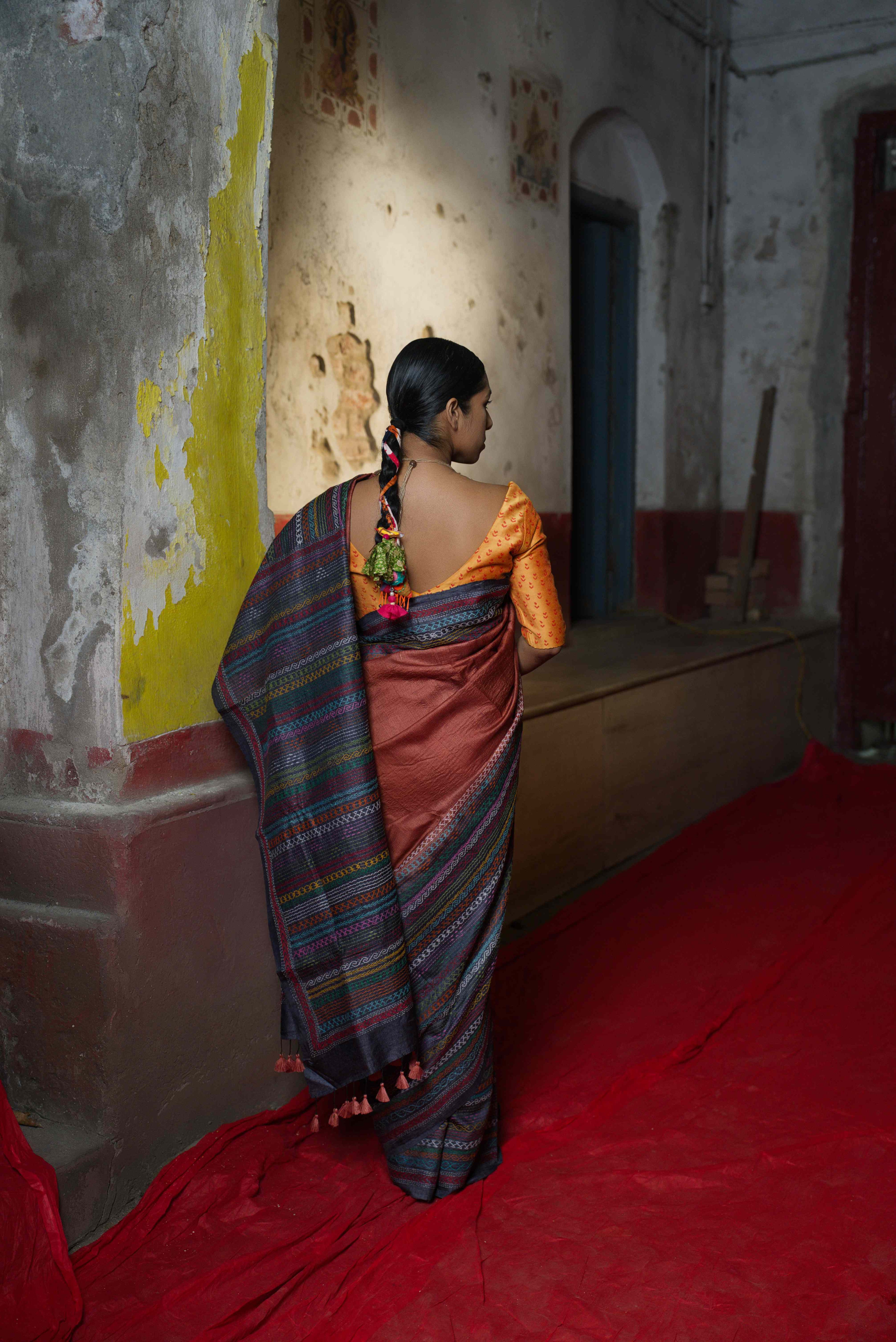 Handwoven Copper Brown Tussar Saree With Kantha Work