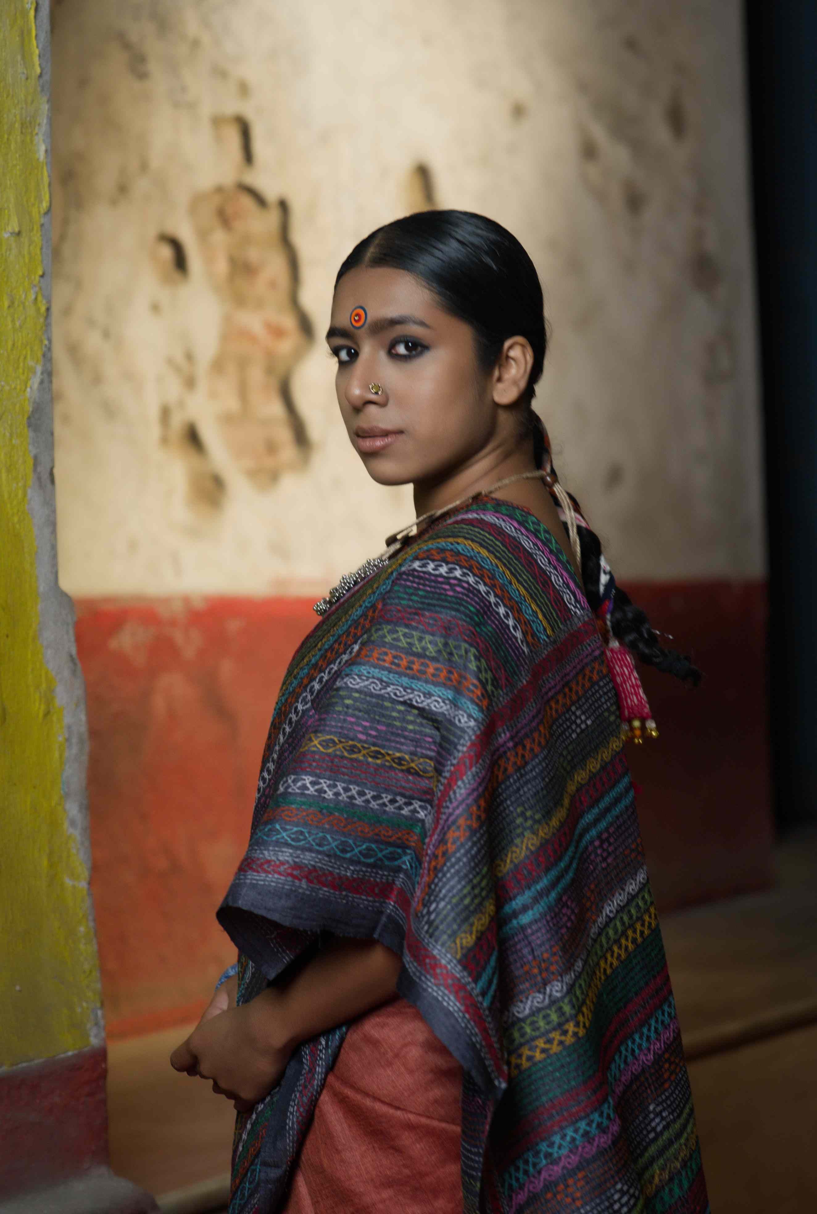 Handwoven copper brown Tussar saree with Kantha work