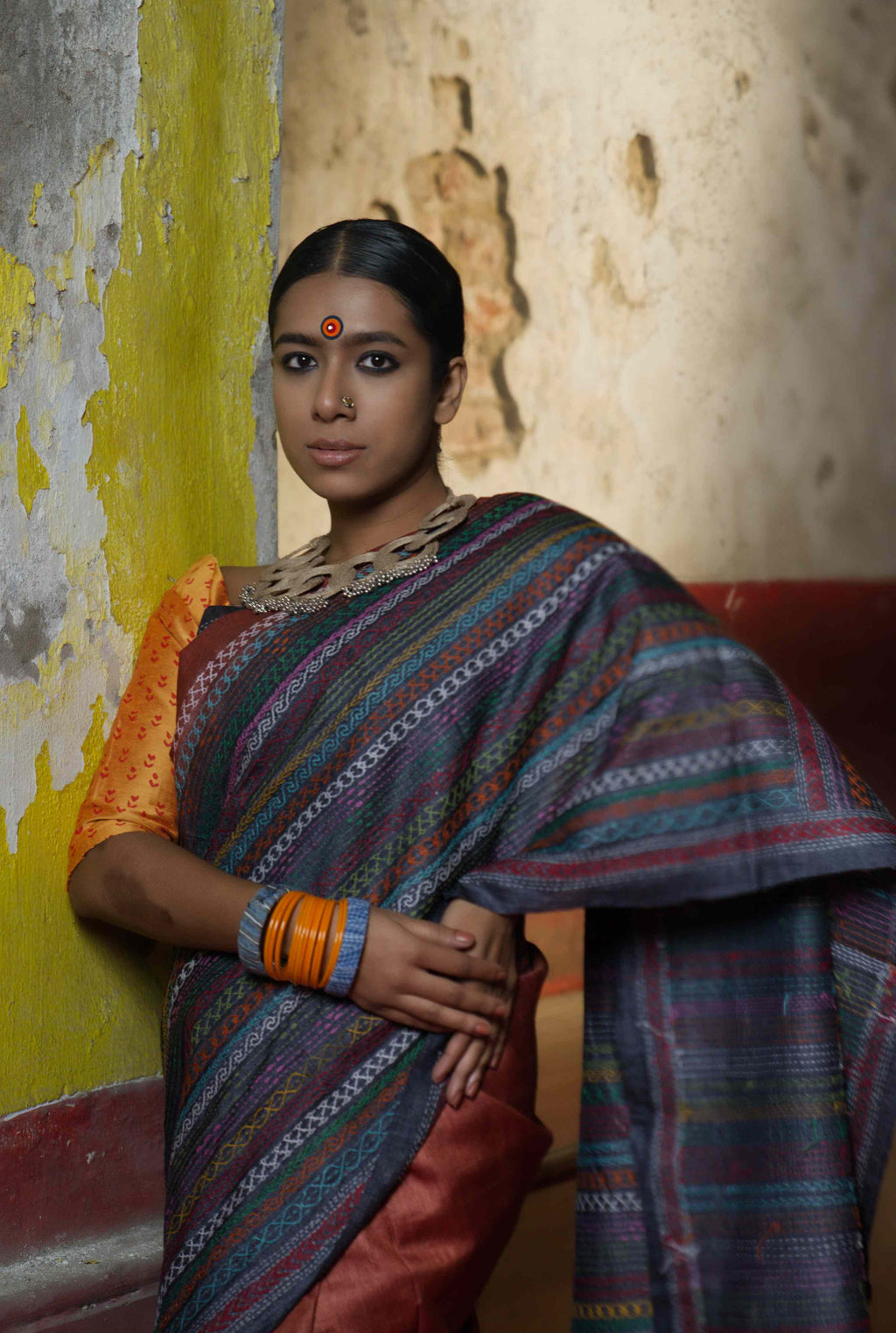 Handwoven Copper Brown Tussar Saree With Kantha Work