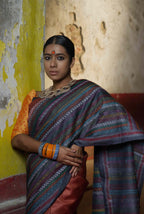 Handwoven Copper Brown Tussar Saree With Kantha Work