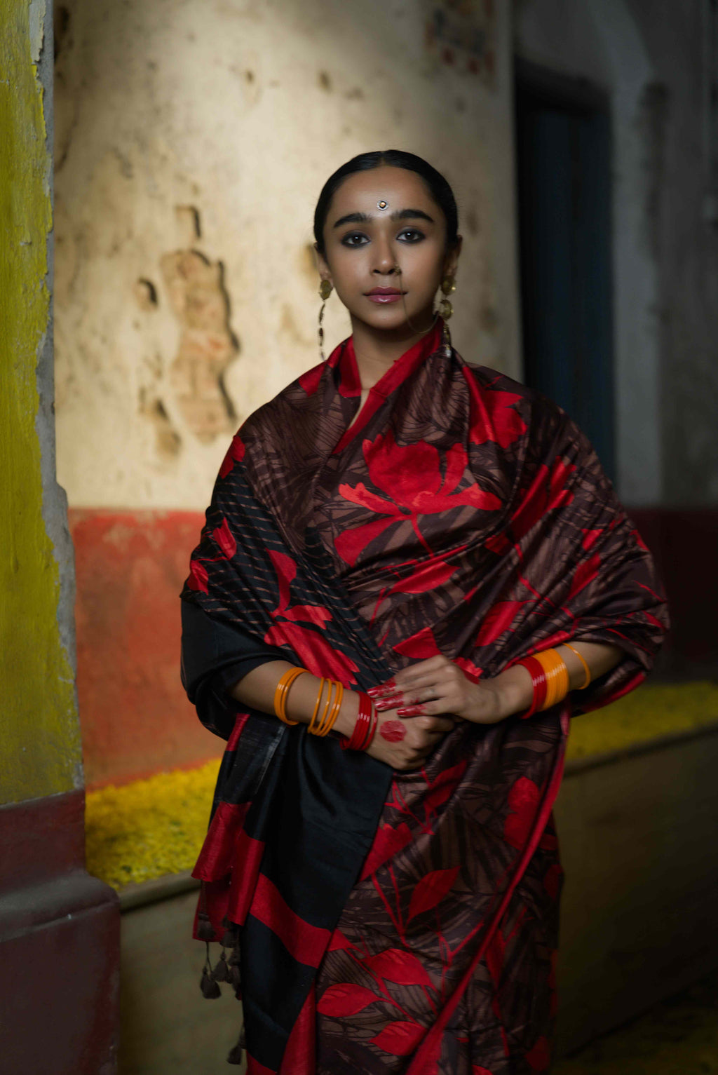 Handwoven black printed pure silk saree — red and black design