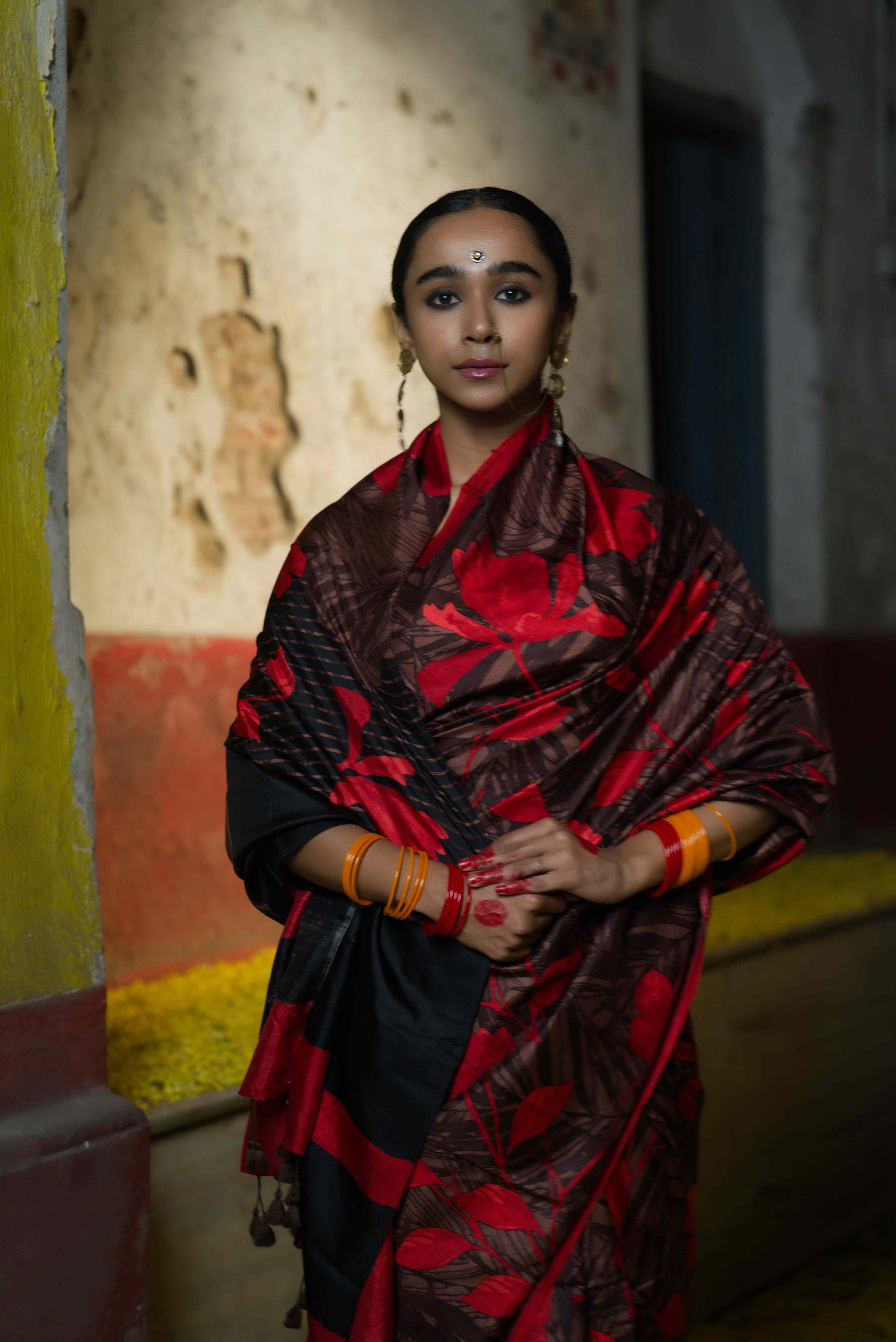 Handwoven black printed pure silk saree — red and black design