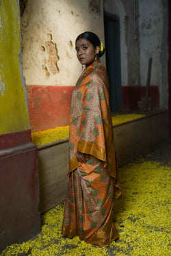 Handwoven Gold brown Printed Pure Silk Saree