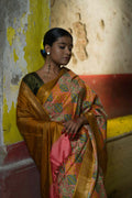 Handwoven gold brown printed pure silk saree — intricate patterns
