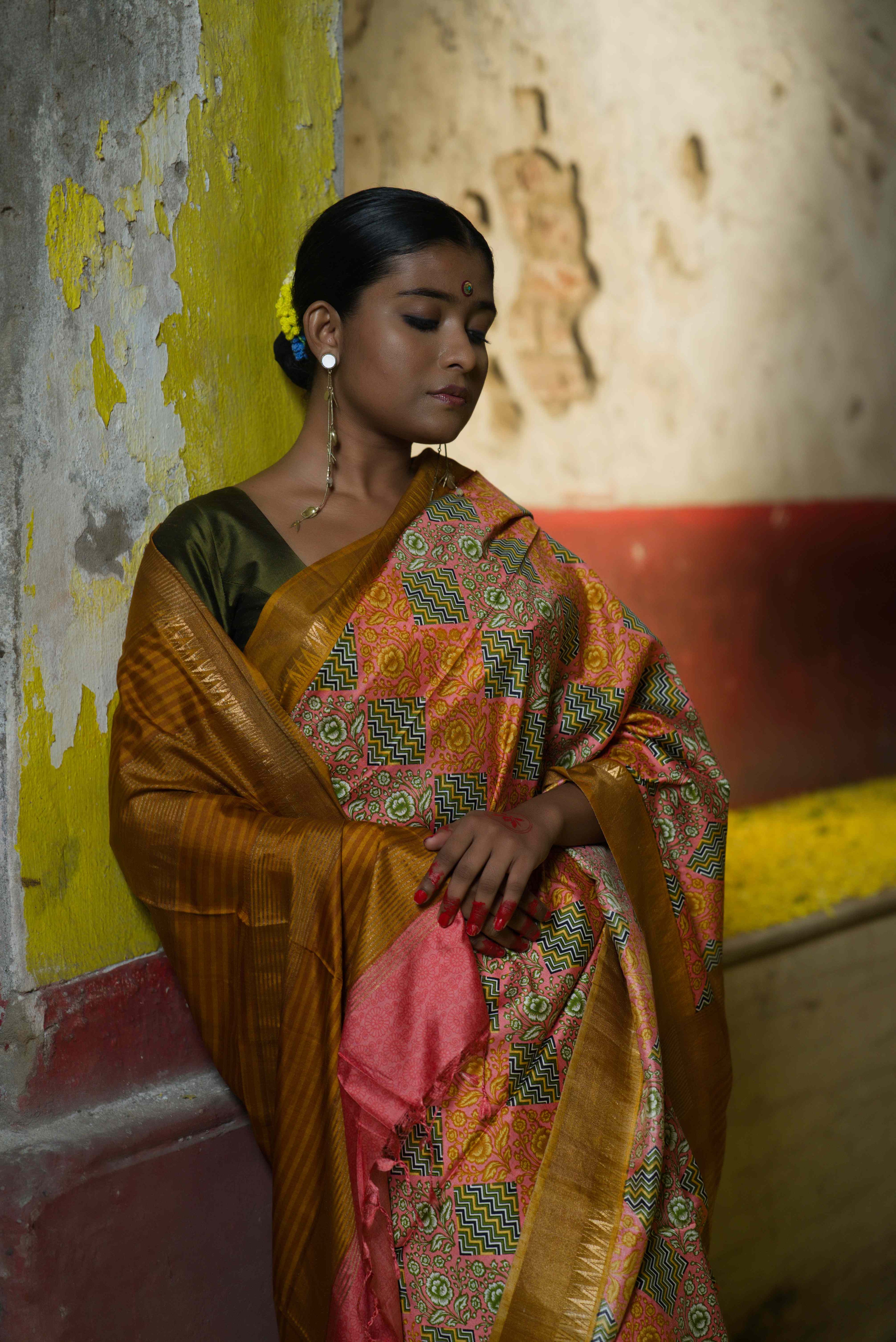Handwoven gold brown printed pure silk saree — intricate patterns