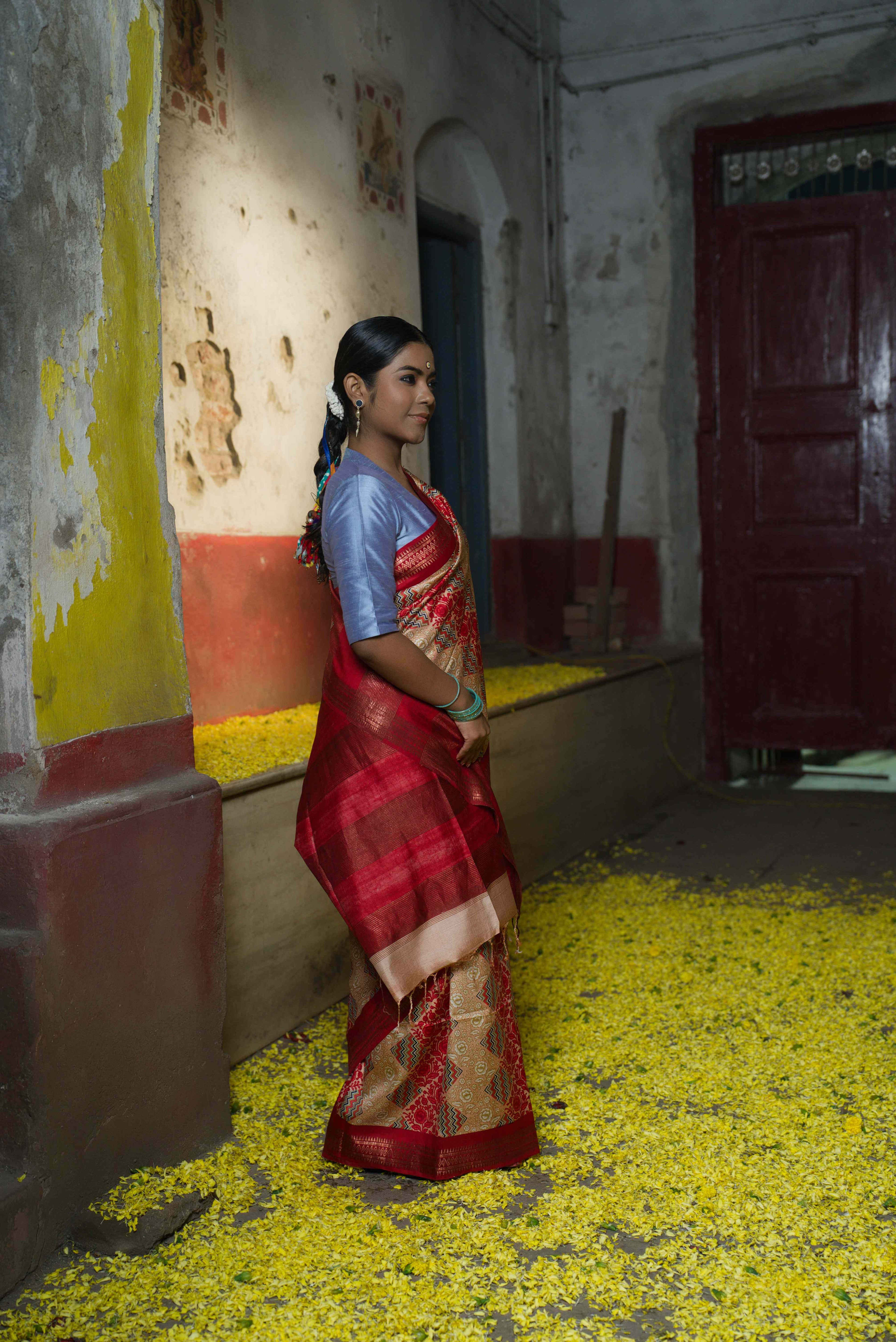 Handwoven Red Printed Pure Silk Saree