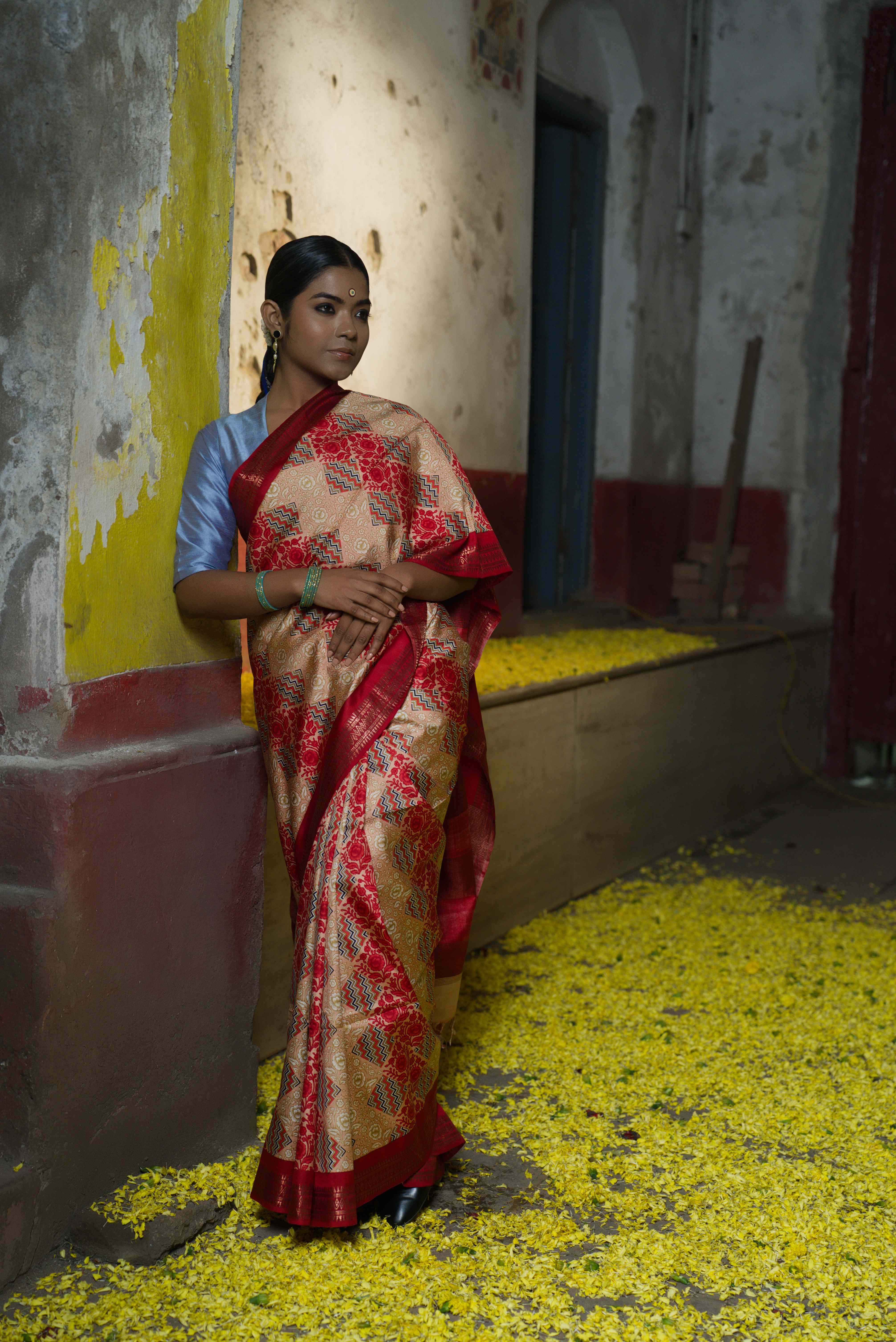 Handwoven red Printed Pure Silk Saree