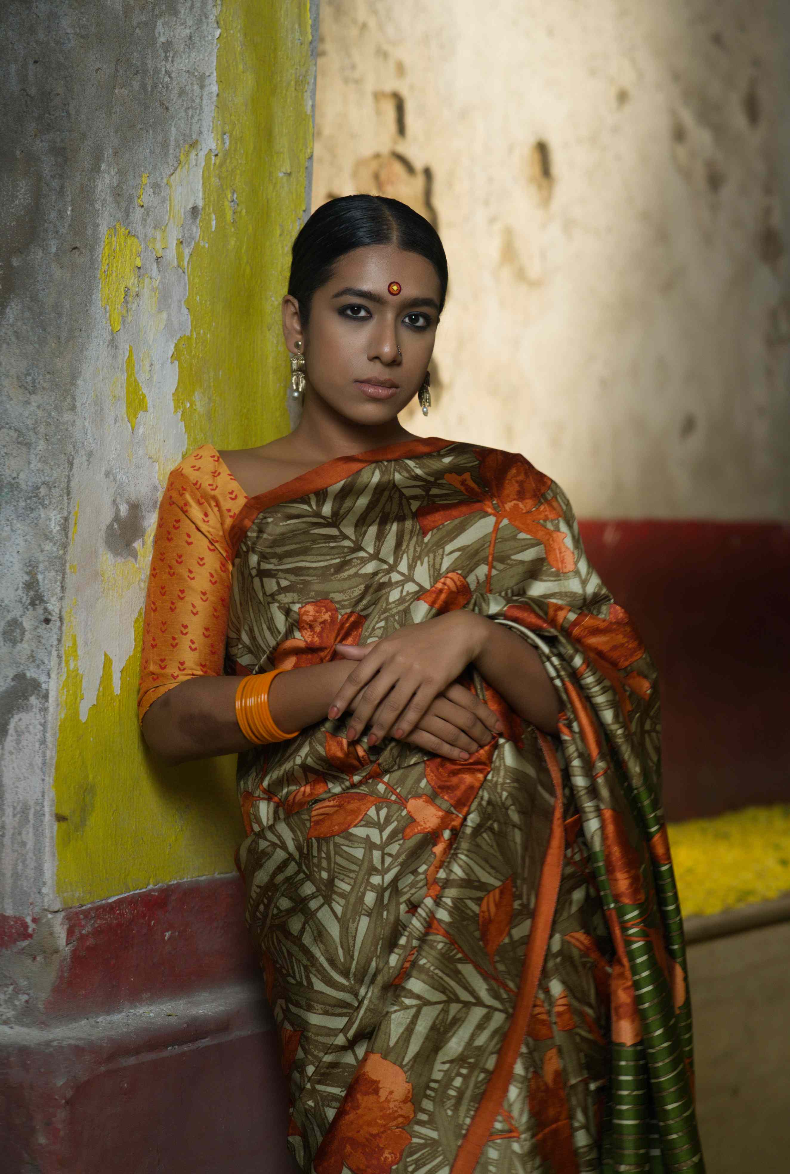 Handwoven multicolor floral printed pure silk saree — gold and orange