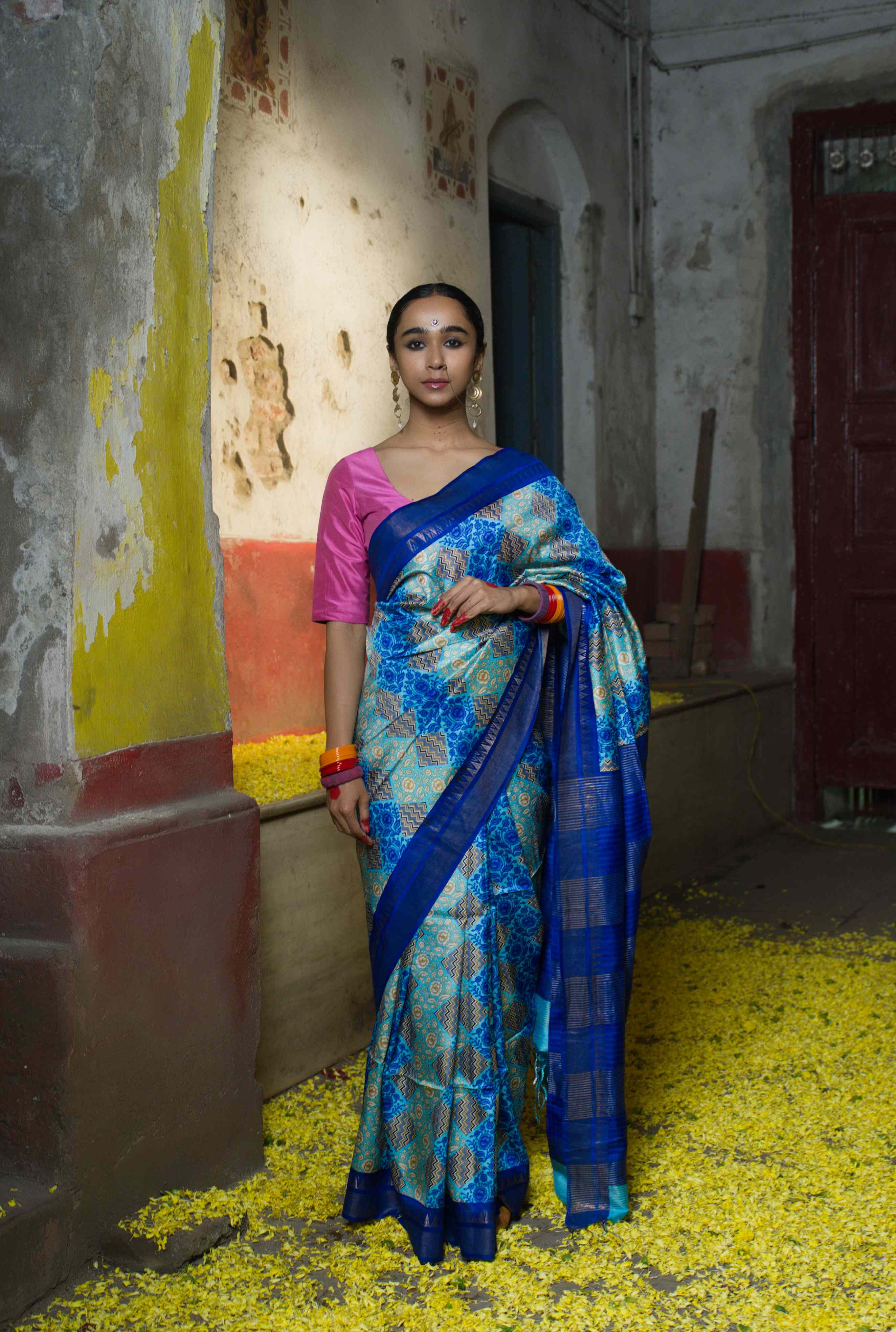 Handwoven Blue Printed Pure Silk Saree