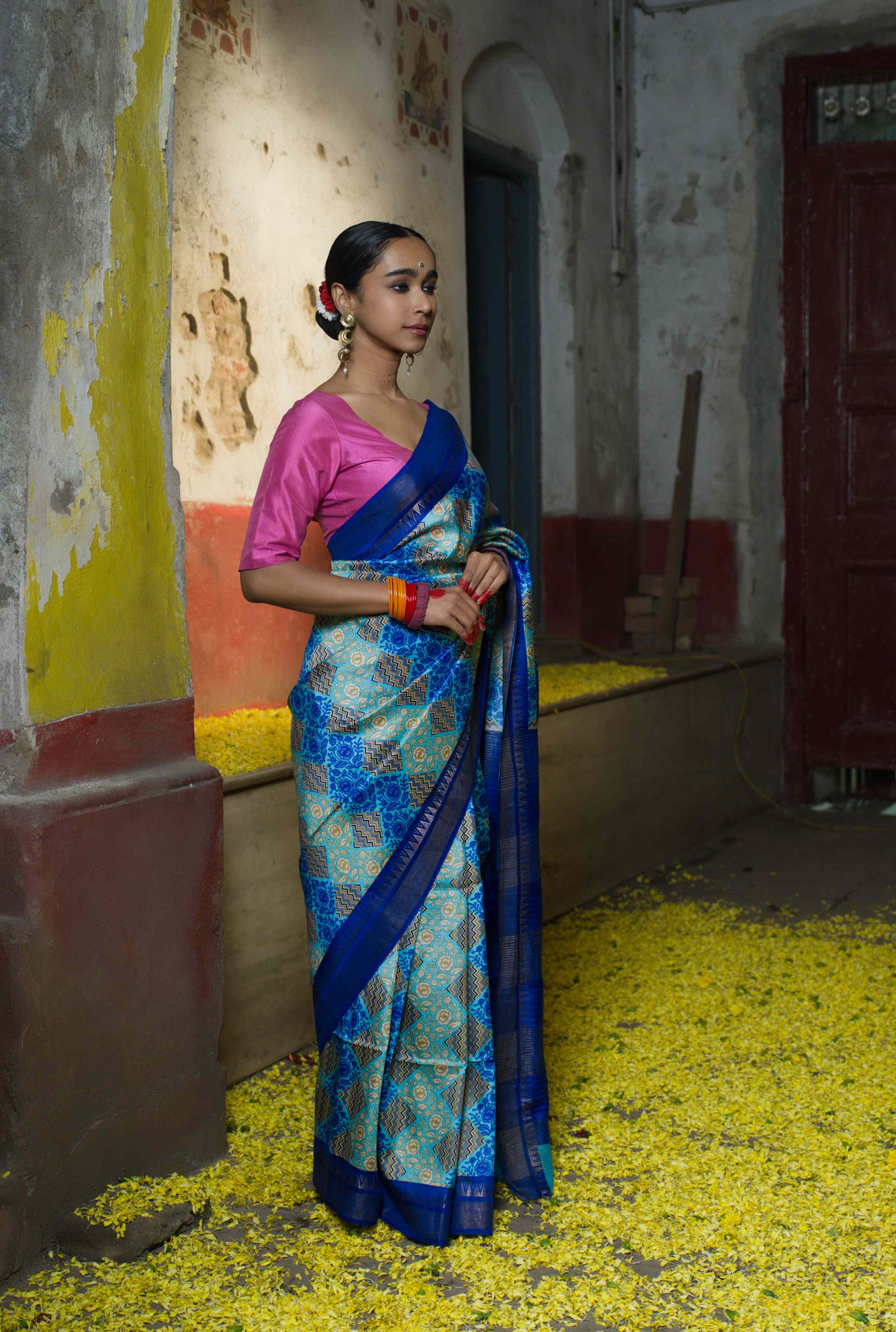 Handwoven Blue Printed Pure Silk Saree