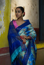 Handwoven Blue Printed Pure Silk Saree