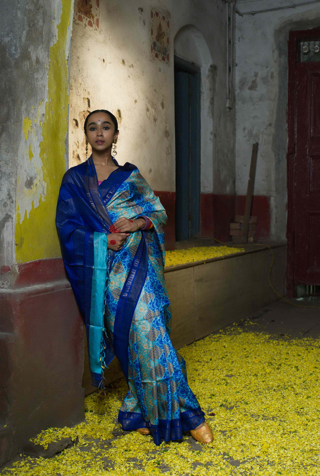 Handwoven Blue Printed Pure Silk Saree