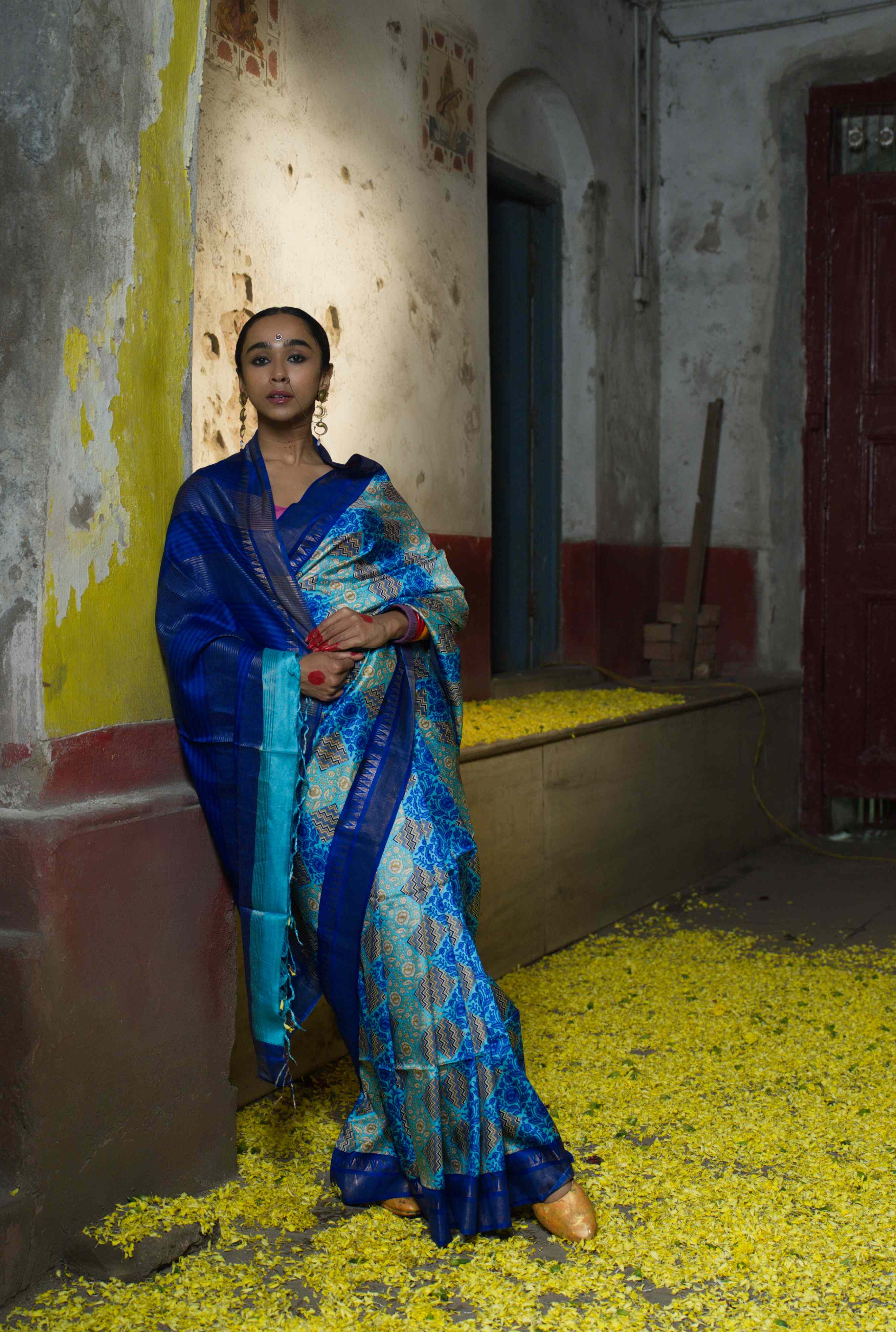 Handwoven Blue Printed Pure Silk Saree