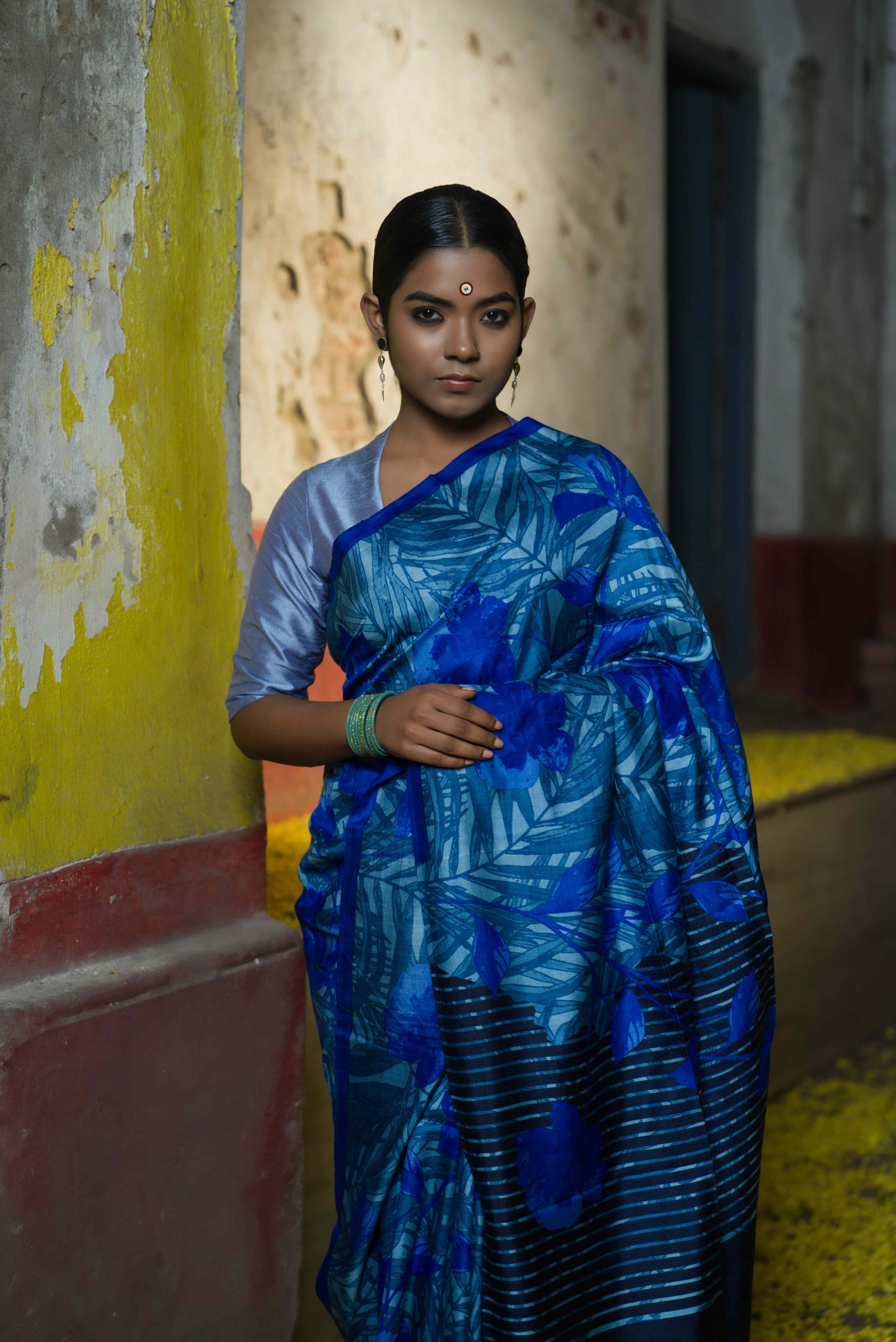 Handwoven blue printed pure silk saree