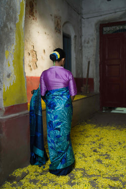 Handwoven Blue Printed Pure Silk  Saree