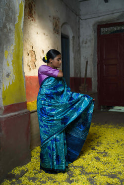 Handwoven Blue Printed Pure Silk  Saree