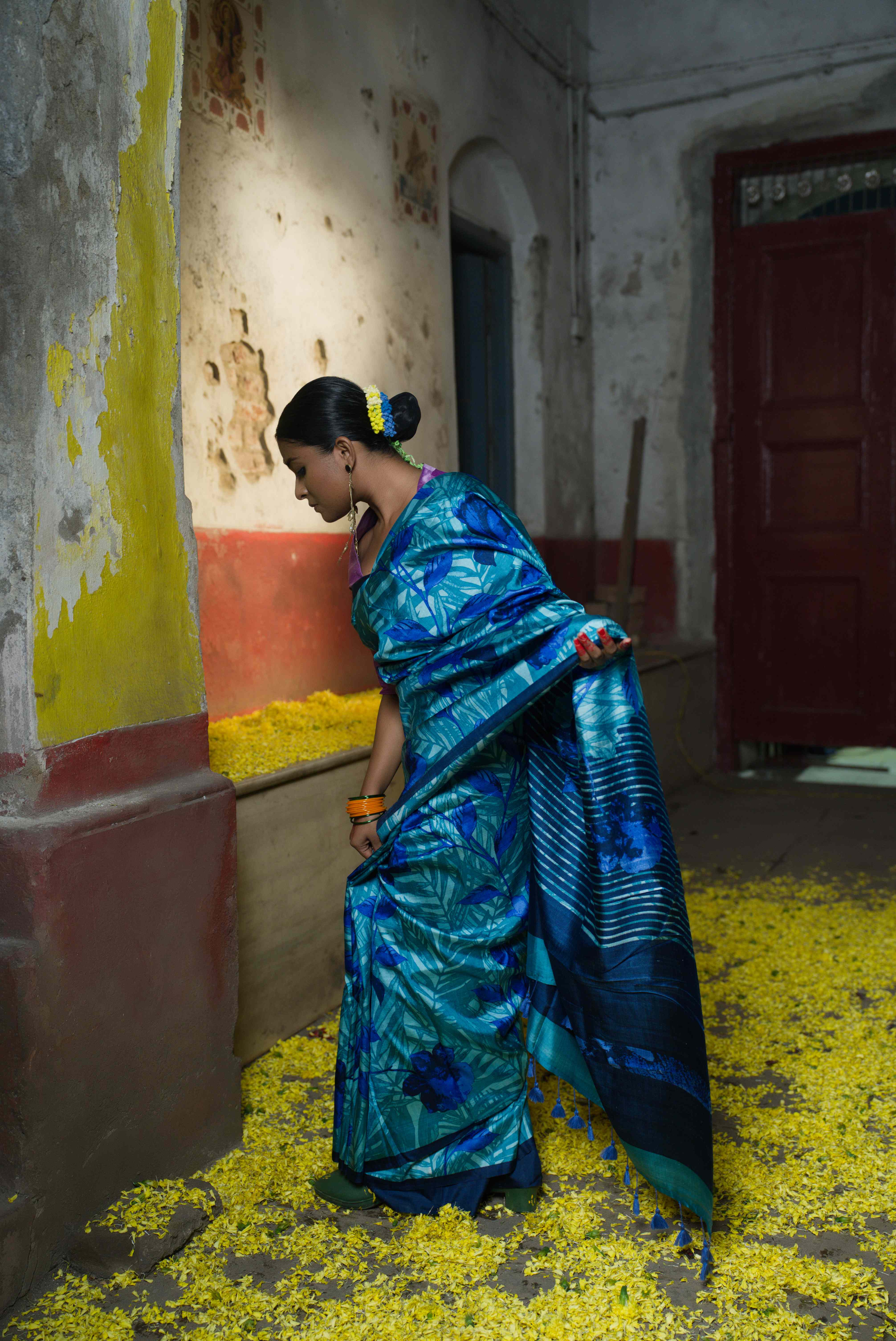 Handwoven Blue Printed Pure Silk  Saree