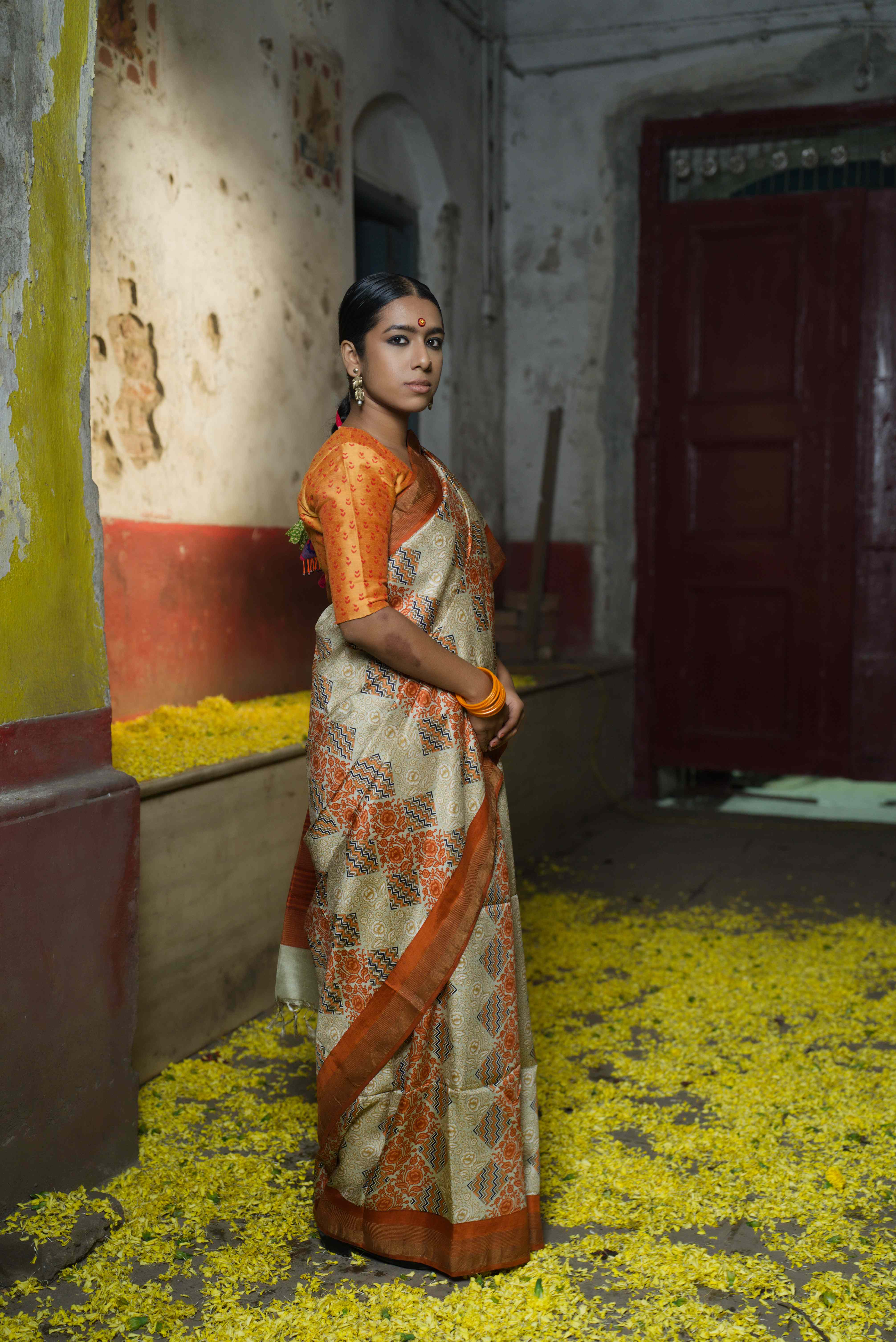 Handwoven pale copper Printed Pure Silk Saree