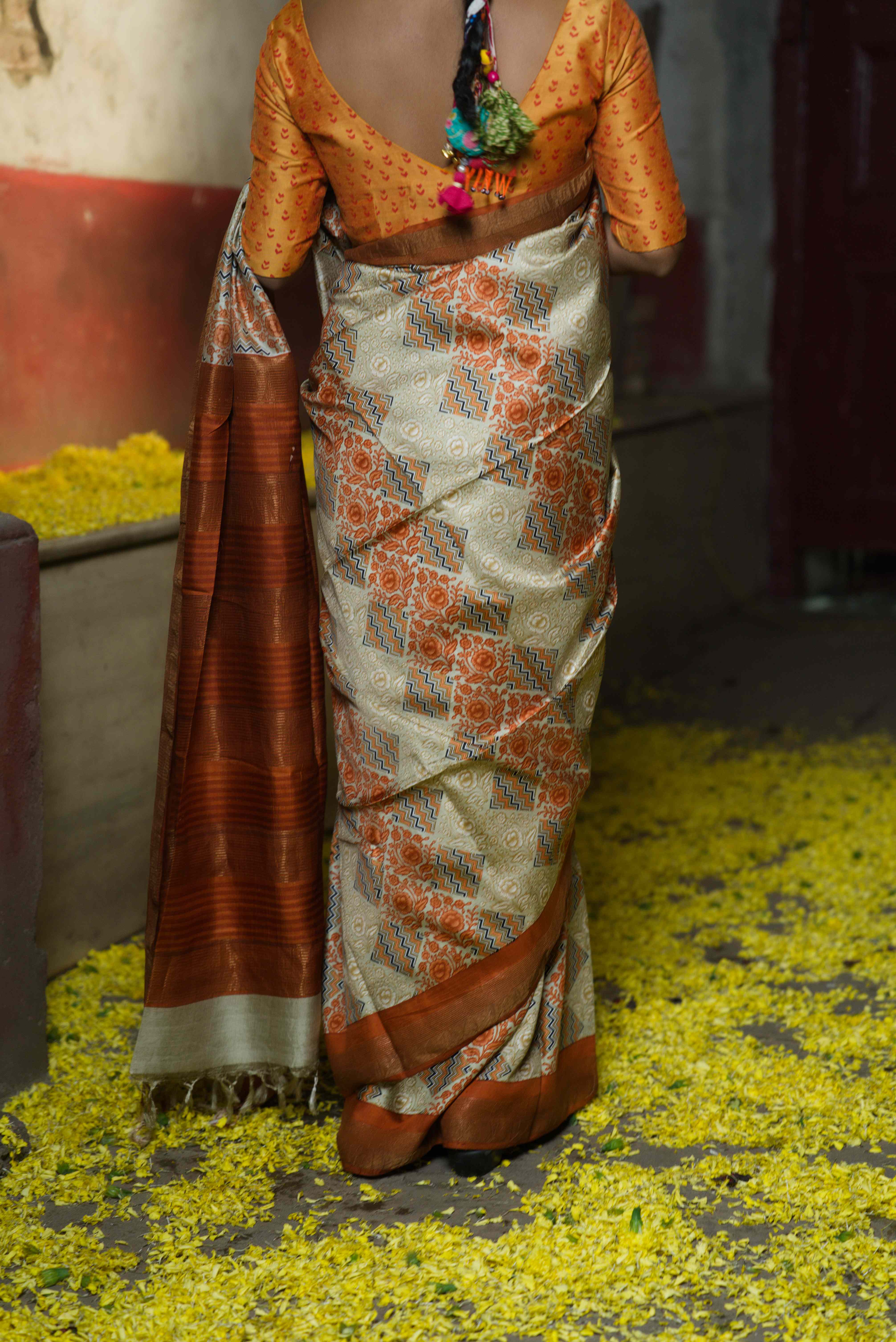 Handwoven pale copper Printed Pure Silk Saree